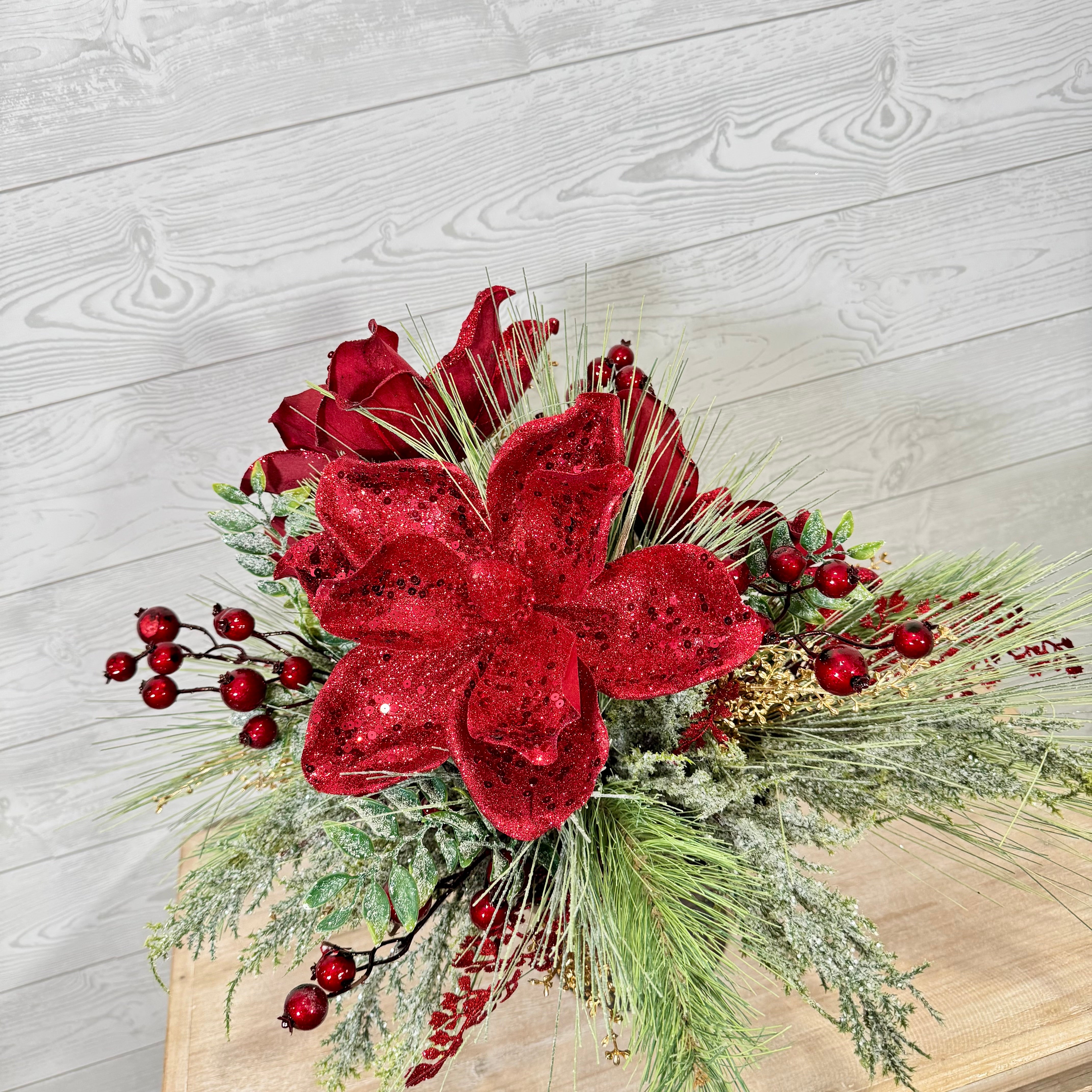 Elegant Red Magnolia Christmas Centerpiece, Holiday Floral Arrangement with Velvet Blooms, Winter Greenery & Berries, Luxury Christmas Table Decor