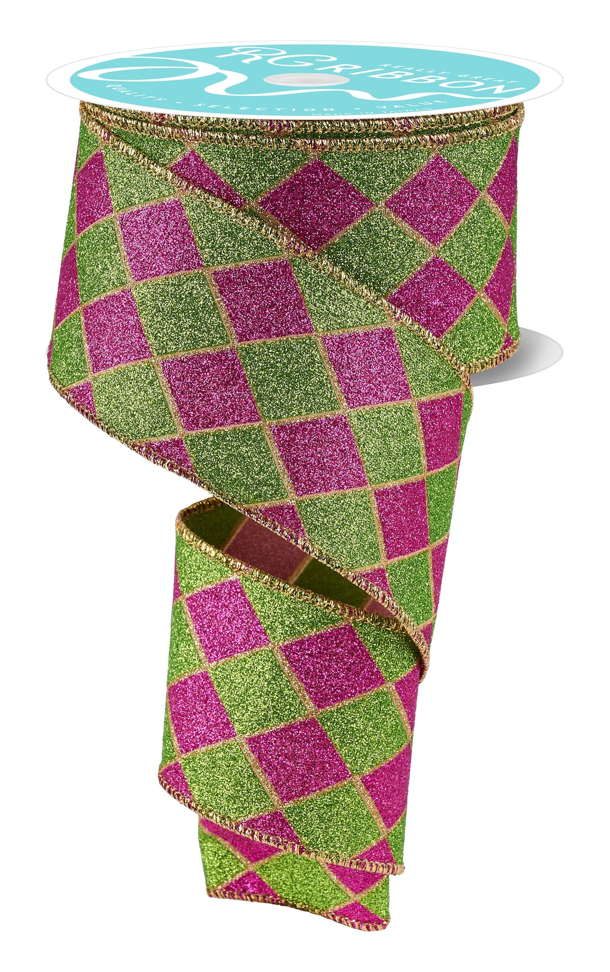 2.5 Inch 10 Yard Green and Hot Pink Glitter Harlequin Wired Ribbon with Gold Edge
