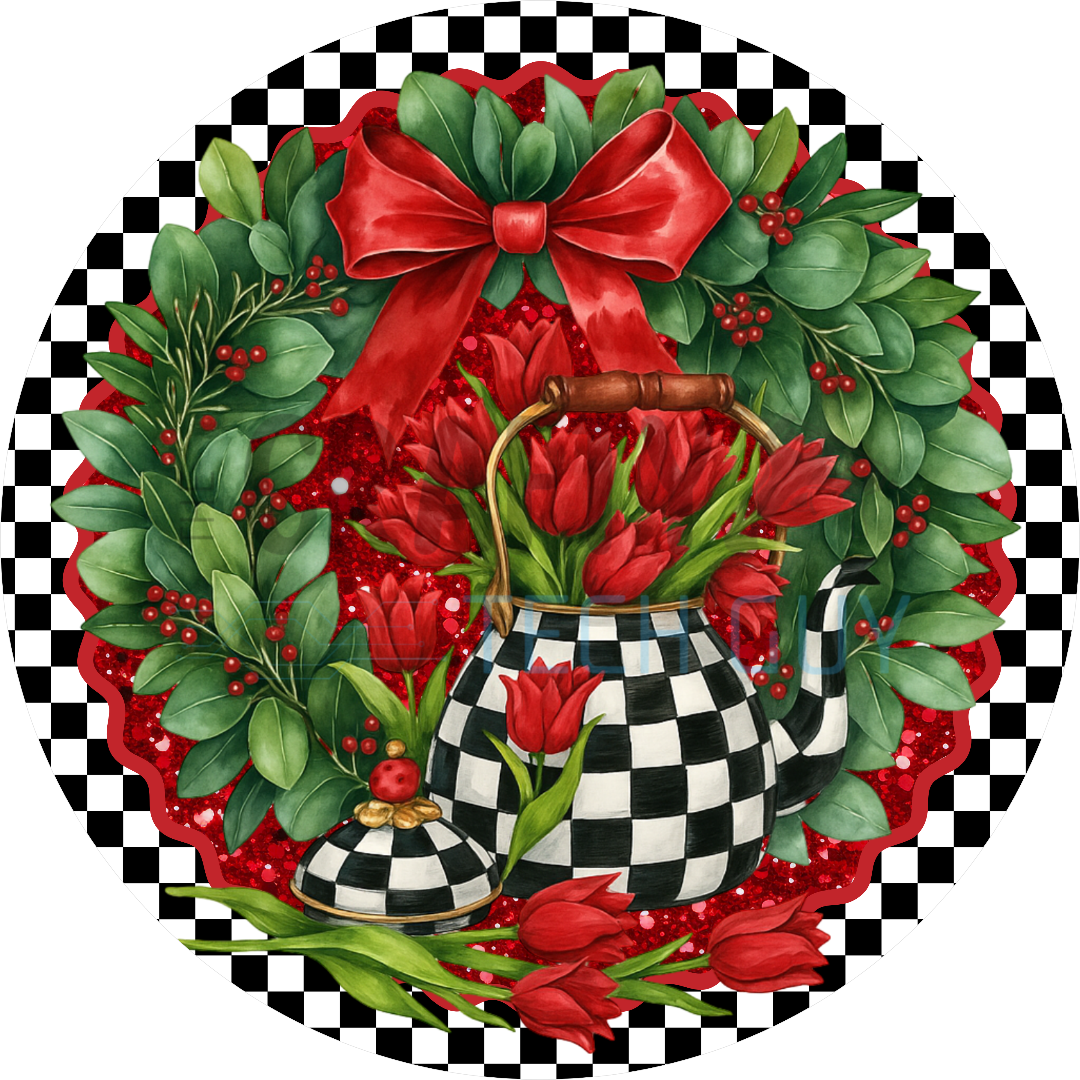 Christmas Wreath with Red Tulips, Checkered Teapot, and Red Bow on Glitter Background for Elegant Holiday Décor