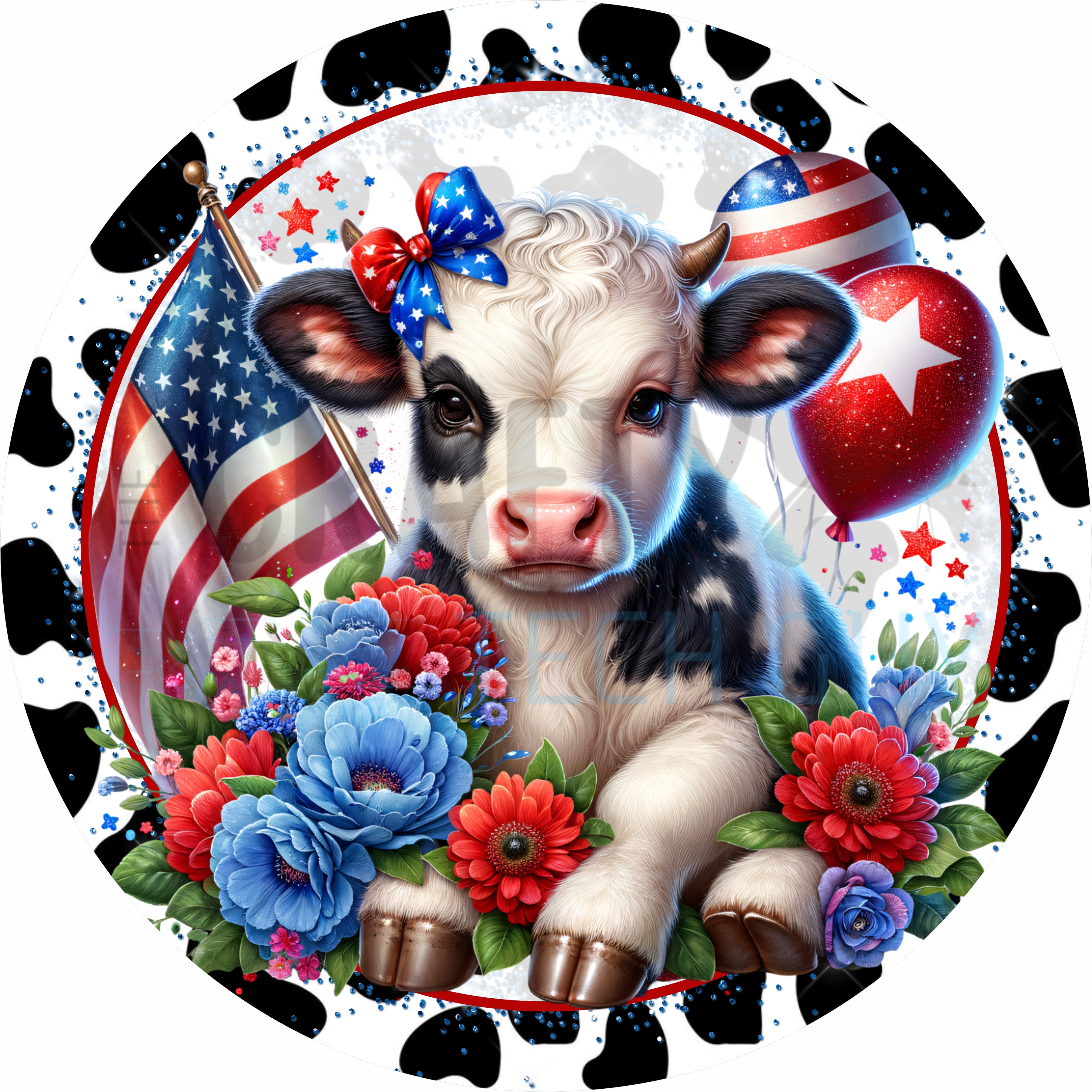 Patriotic Cow Round Wreath Sign – Red White & Blue Farmhouse Fourth of July Decor