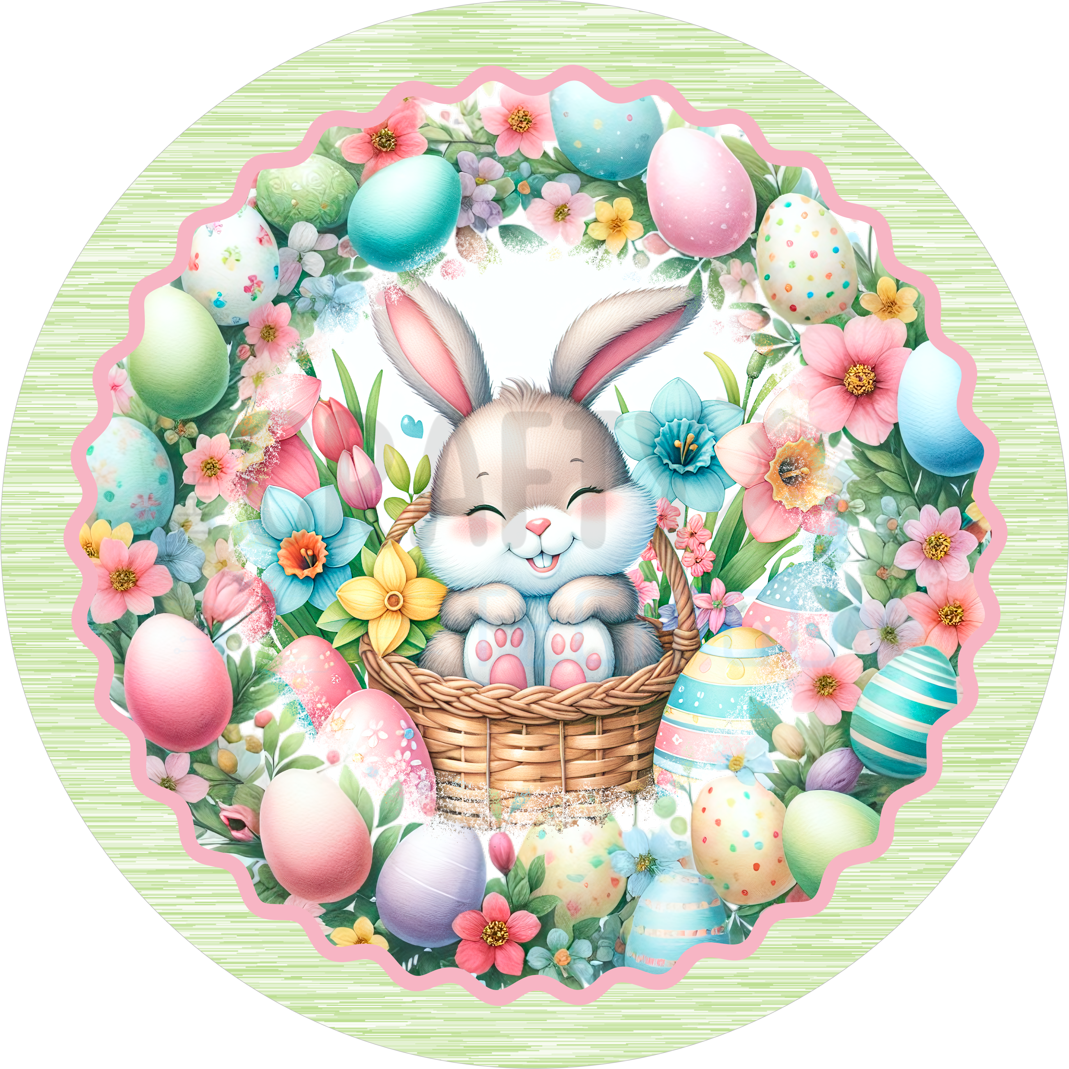 Easter Bunny in Basket Pastel Egg Floral Round Wreath Sign