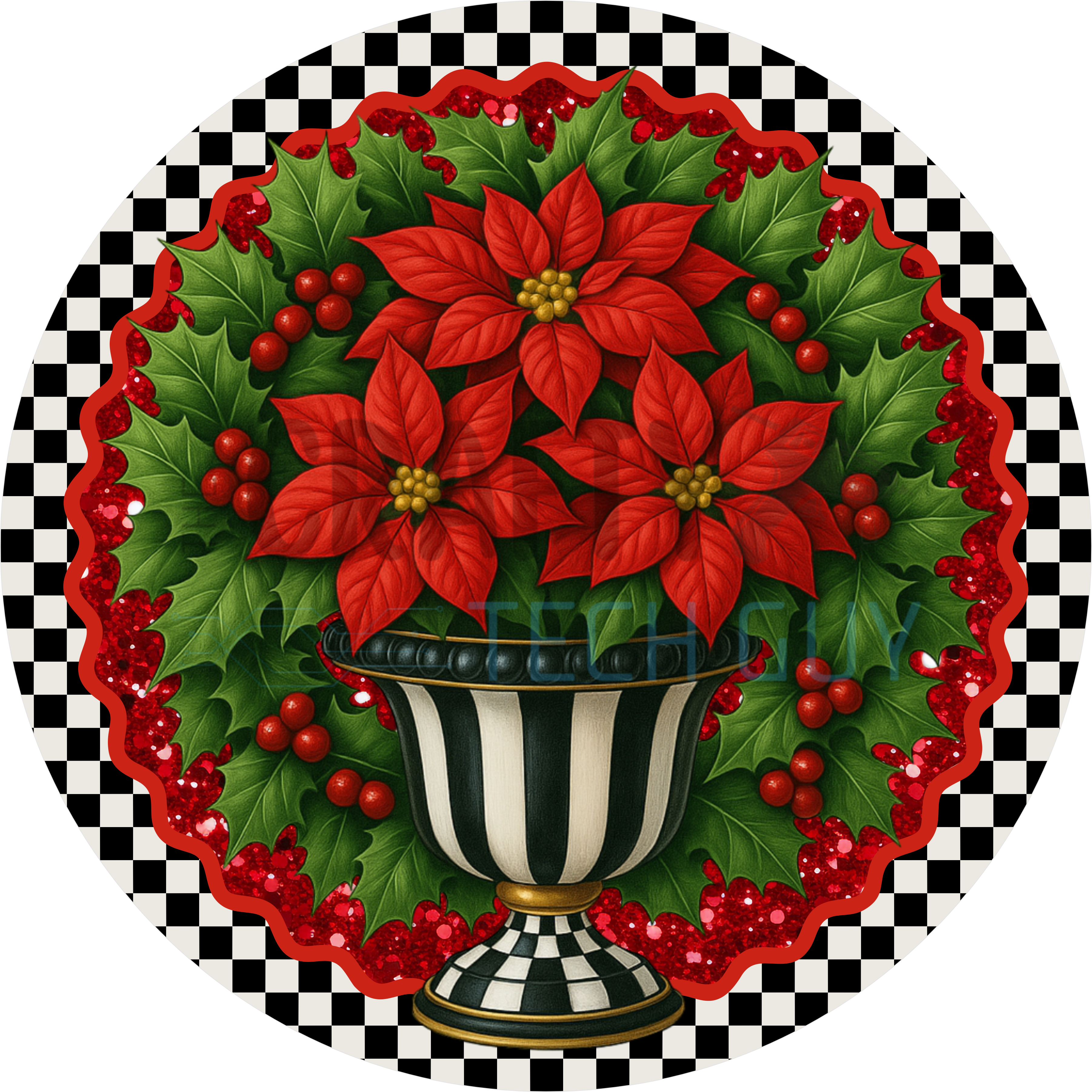 Classic Poinsettia Christmas Design | Red and Green Holiday Art with Checkered Border | Elegant Festive Décor for Seasonal Displays