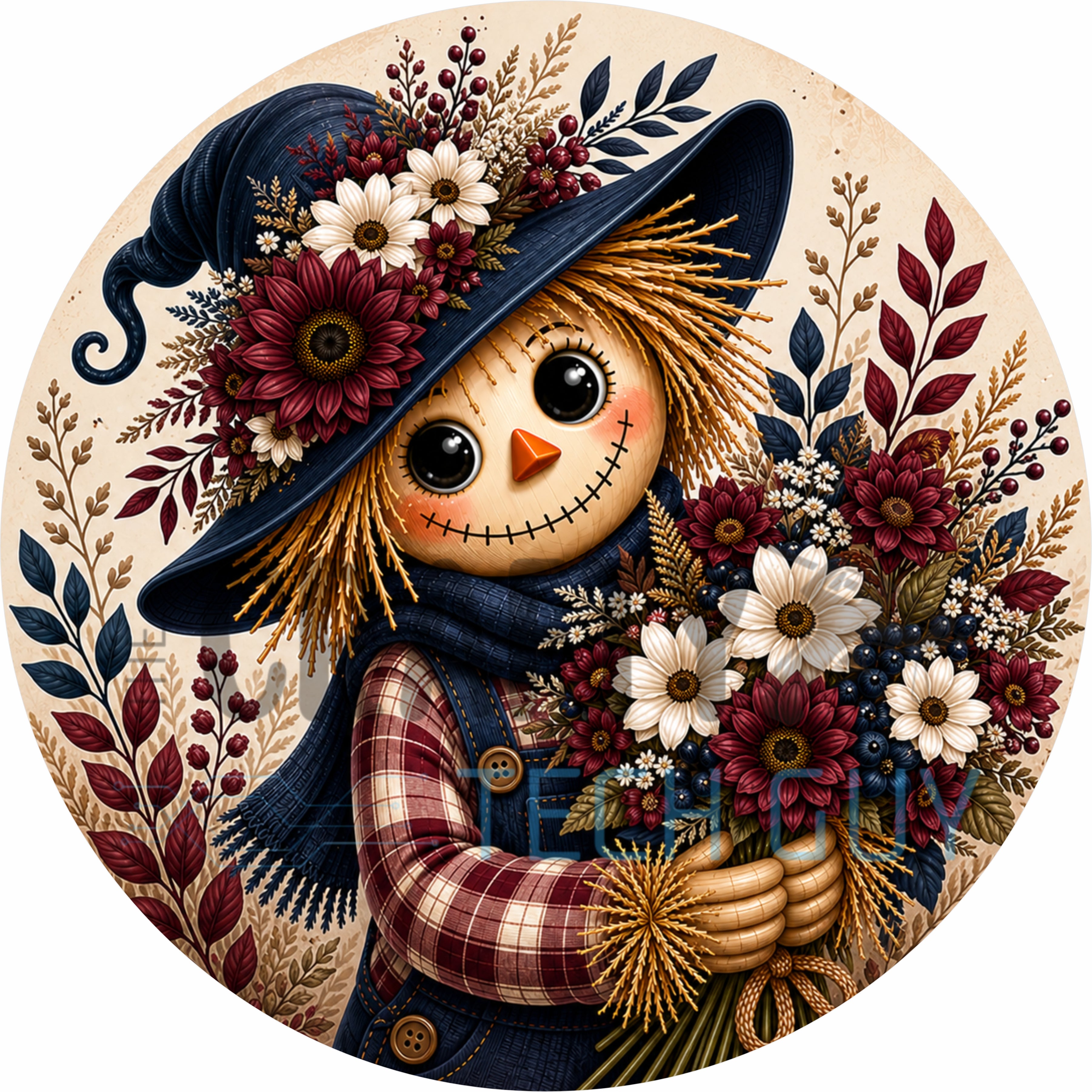Navy and Burgundy Scarecrow Fall Floral Round Wreath Sign