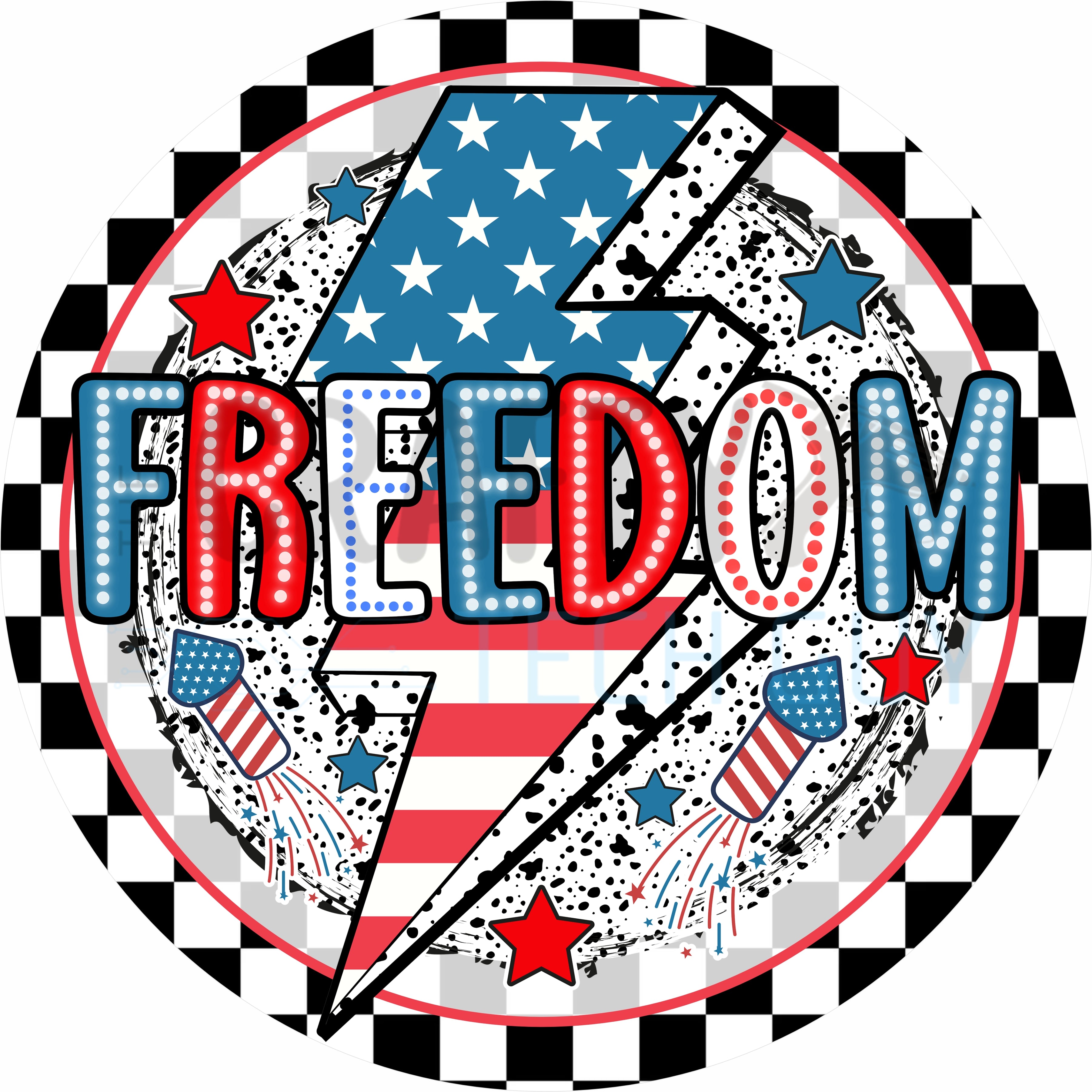 Freedom Lightning Bolt Round Wreath Sign – Patriotic Red White & Blue Fourth of July Decor