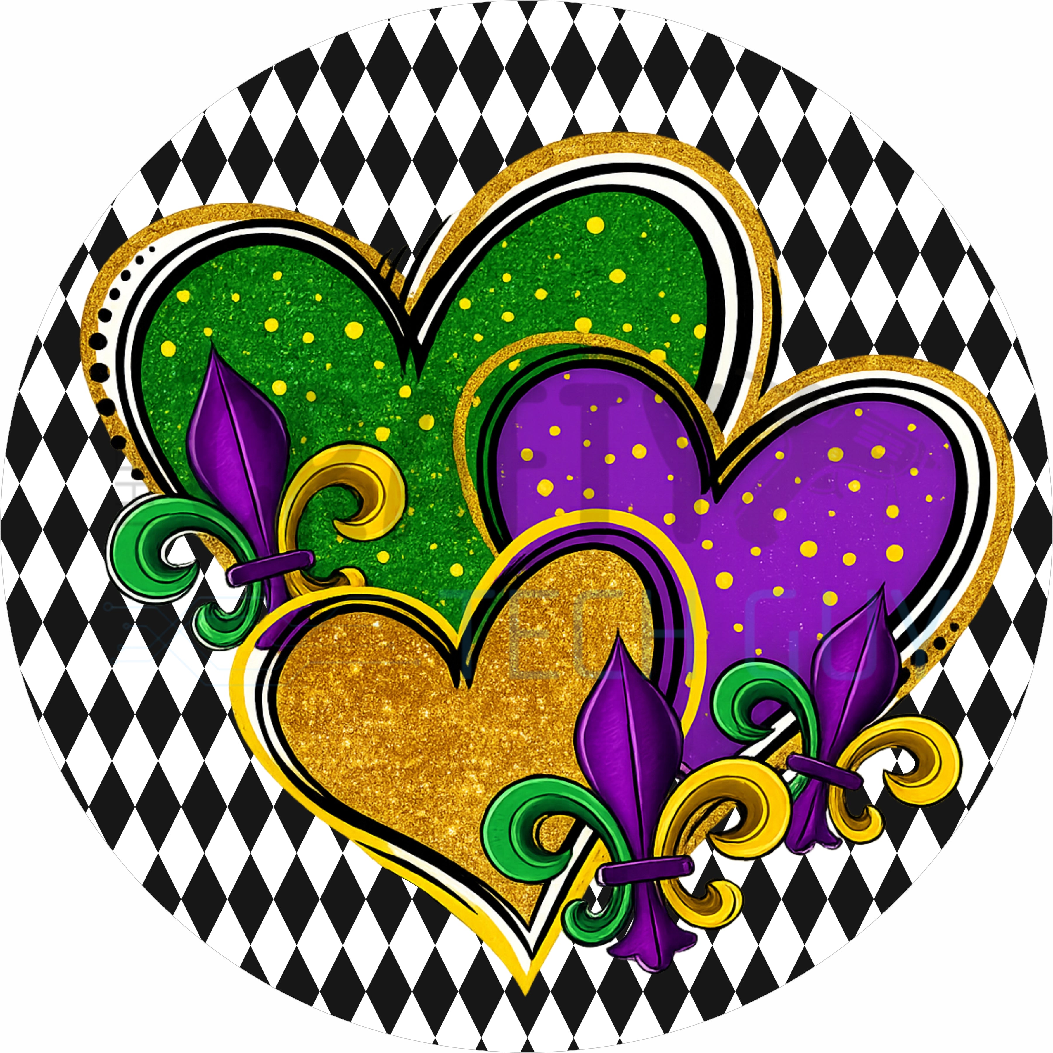 Mardi Gras Heart Fleur de Lis Round Wreath Sign – Purple Green Gold Carnival Decor