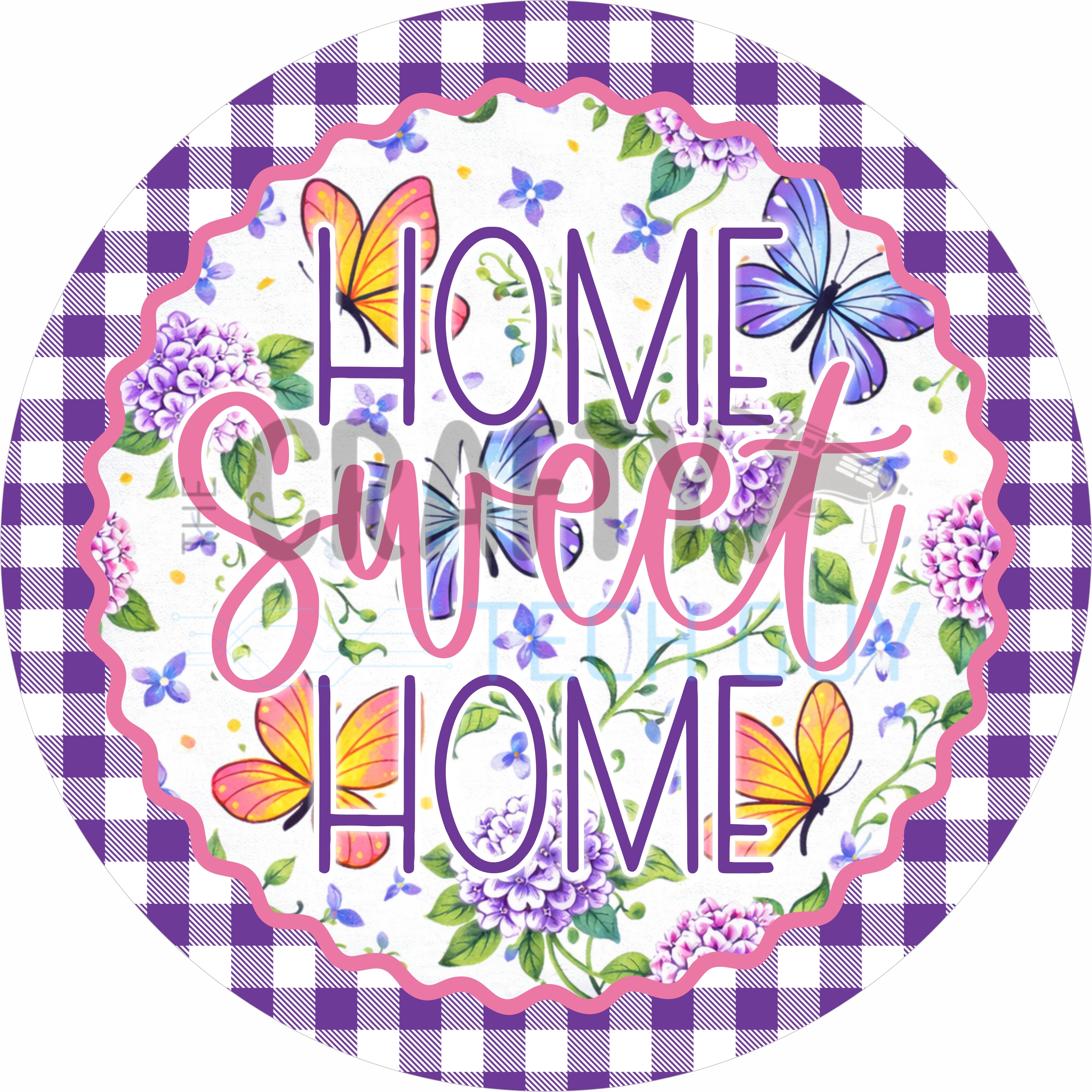 Butterfly Floral Home Sweet Home Purple Gingham Round Wreath Sign Spring Door Hanger