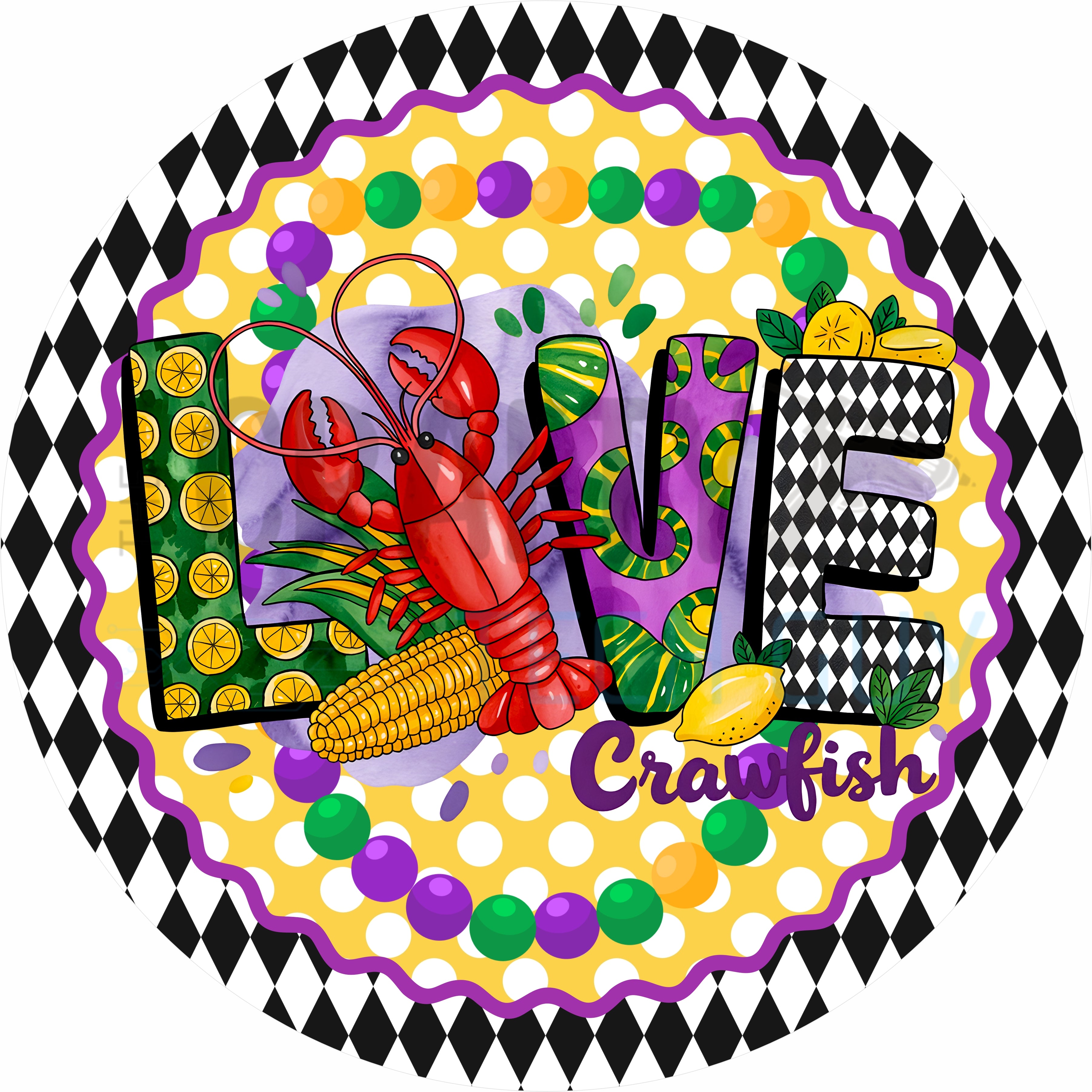 Love Crawfish Mardi Gras Round Wreath Sign – Louisiana Crawfish Boil Decor