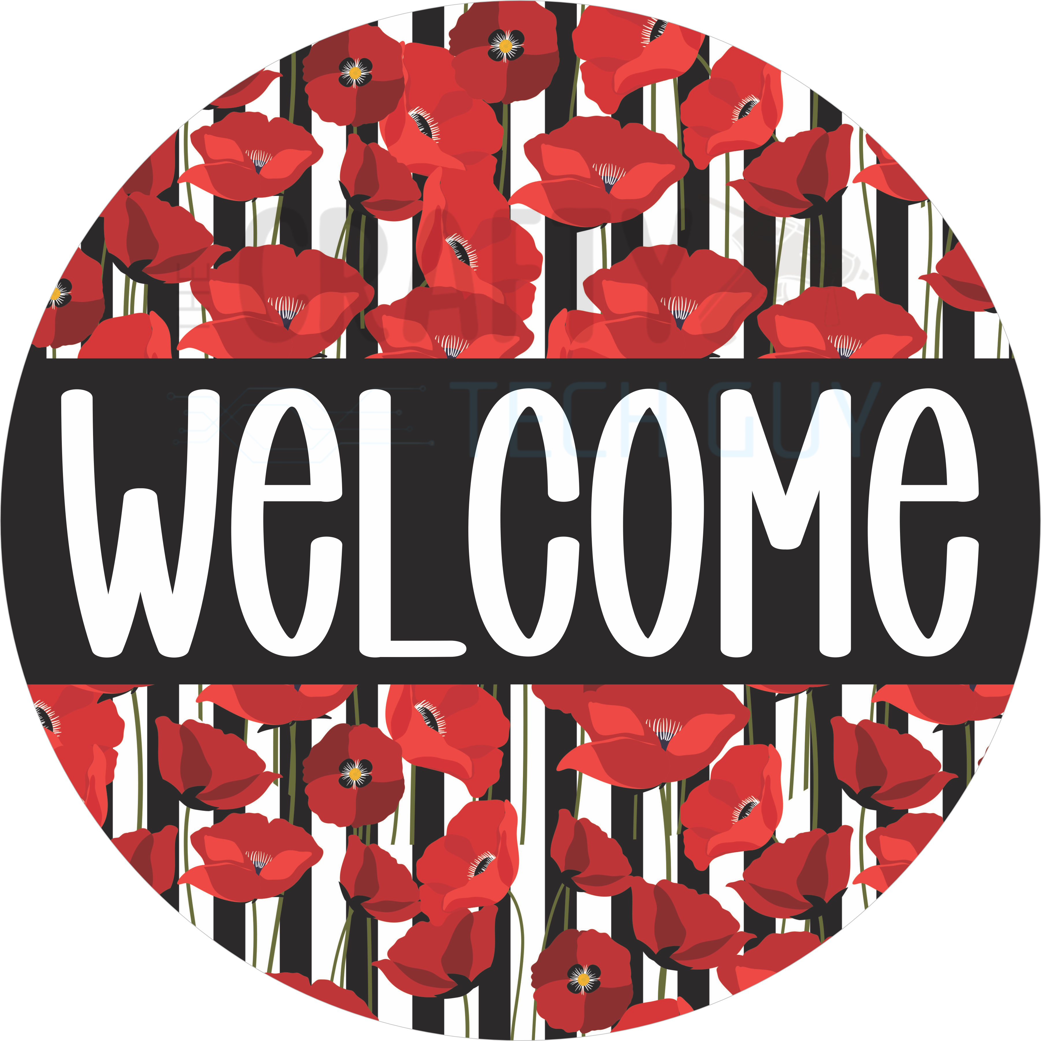 Welcome Red Poppy Black Stripe Round Wreath Sign