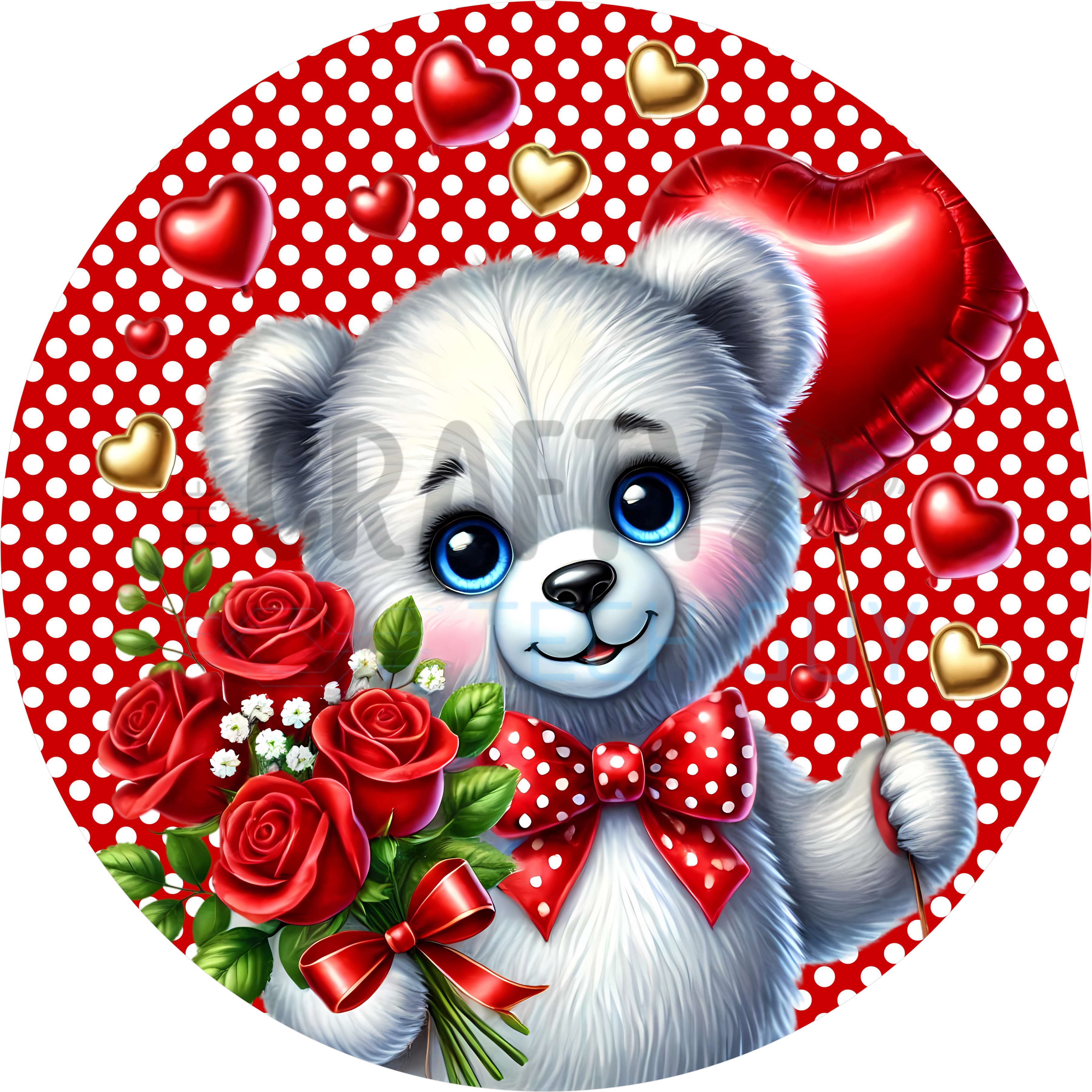 Valentine Teddy Bear with Red Roses and Heart Balloon on Polka Dot Background | Cute Romantic Design for Love Gifts and Holiday Decor