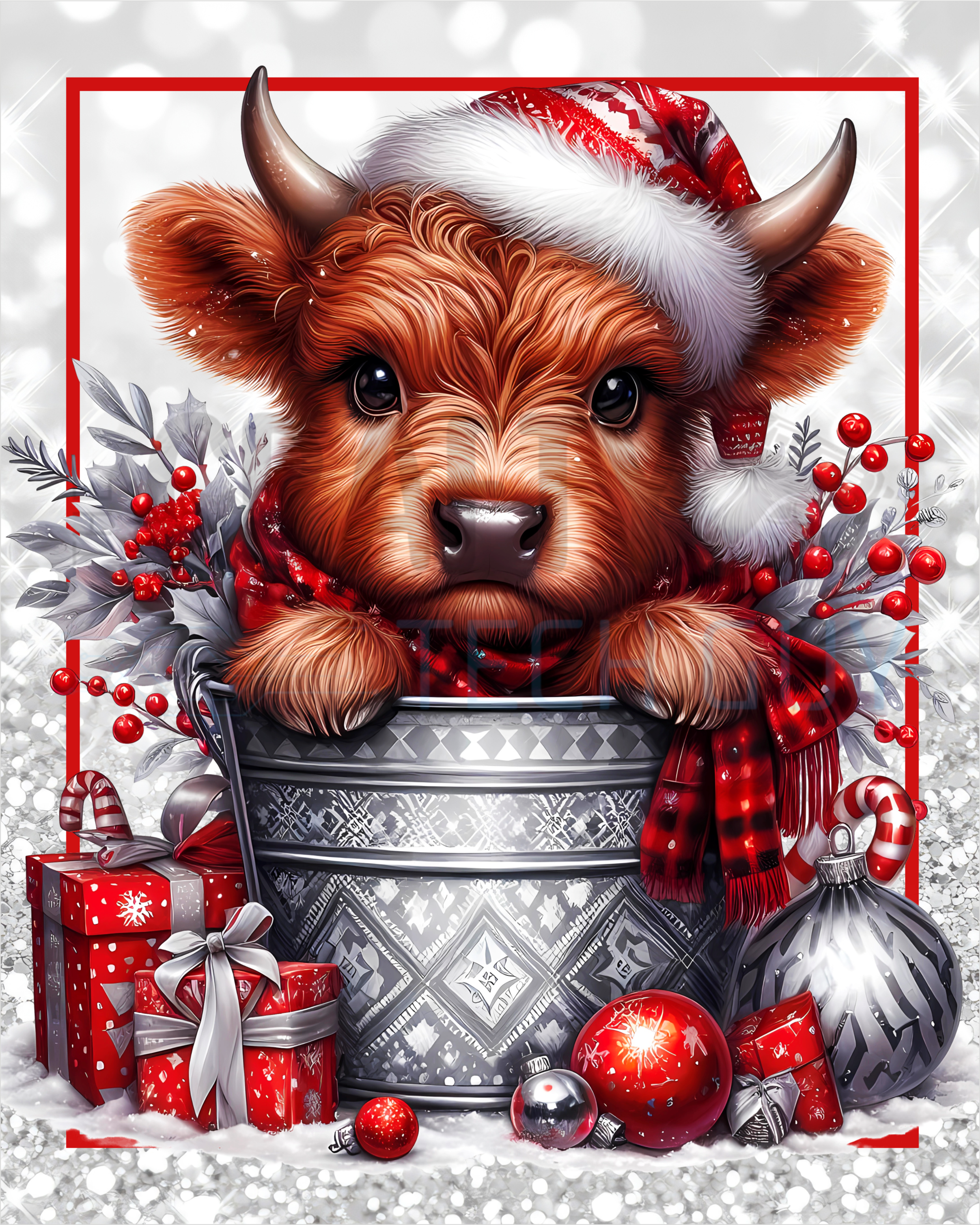 Letrero navideño de vaca de las Tierras Altas con gorro de Papá Noel, corona navideña con cuadros rojos de búfalo, decoración rústica para puerta de granja invernal