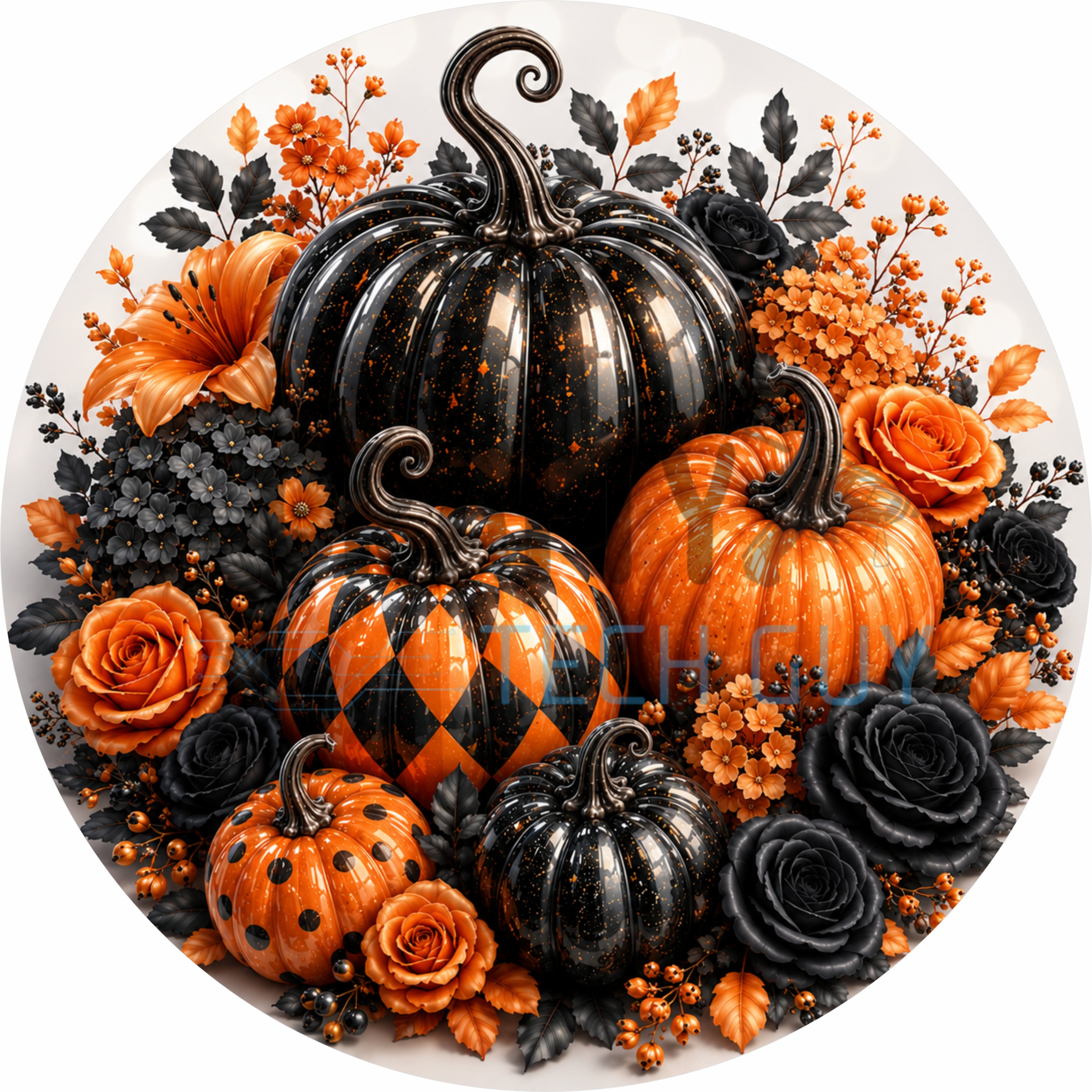 Black & Orange Pumpkin Bouquet Round Wreath Sign