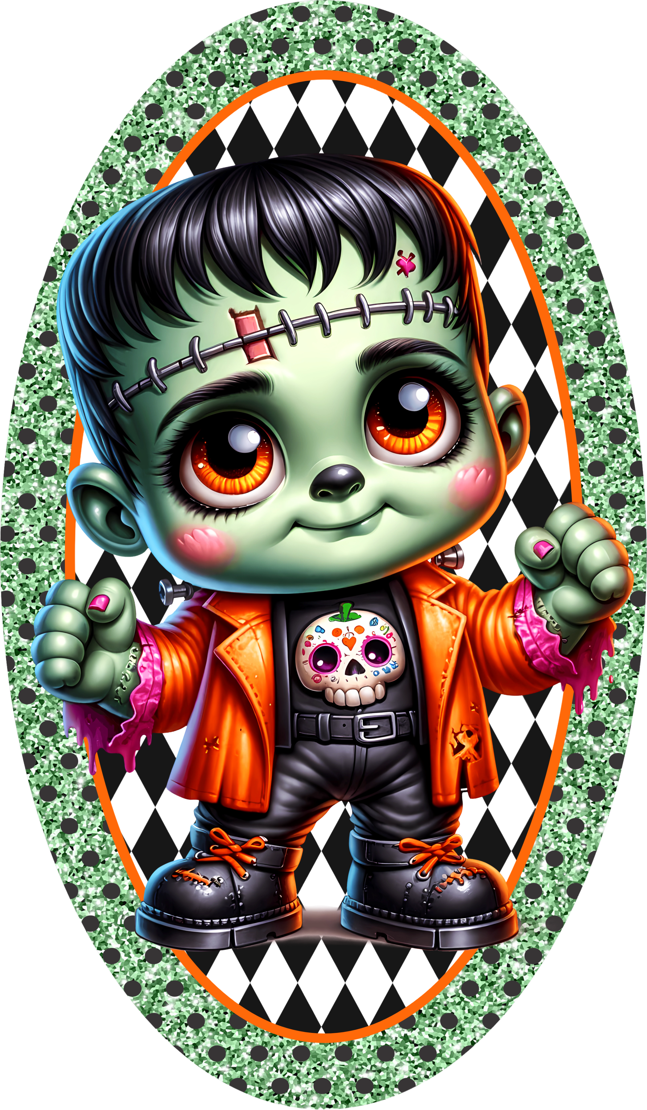 Cute Baby Frankenstein Halloween Sign, Kawaii Monster Decor with Orange Jacket, Green Glitter Harlequin Wreath Accent