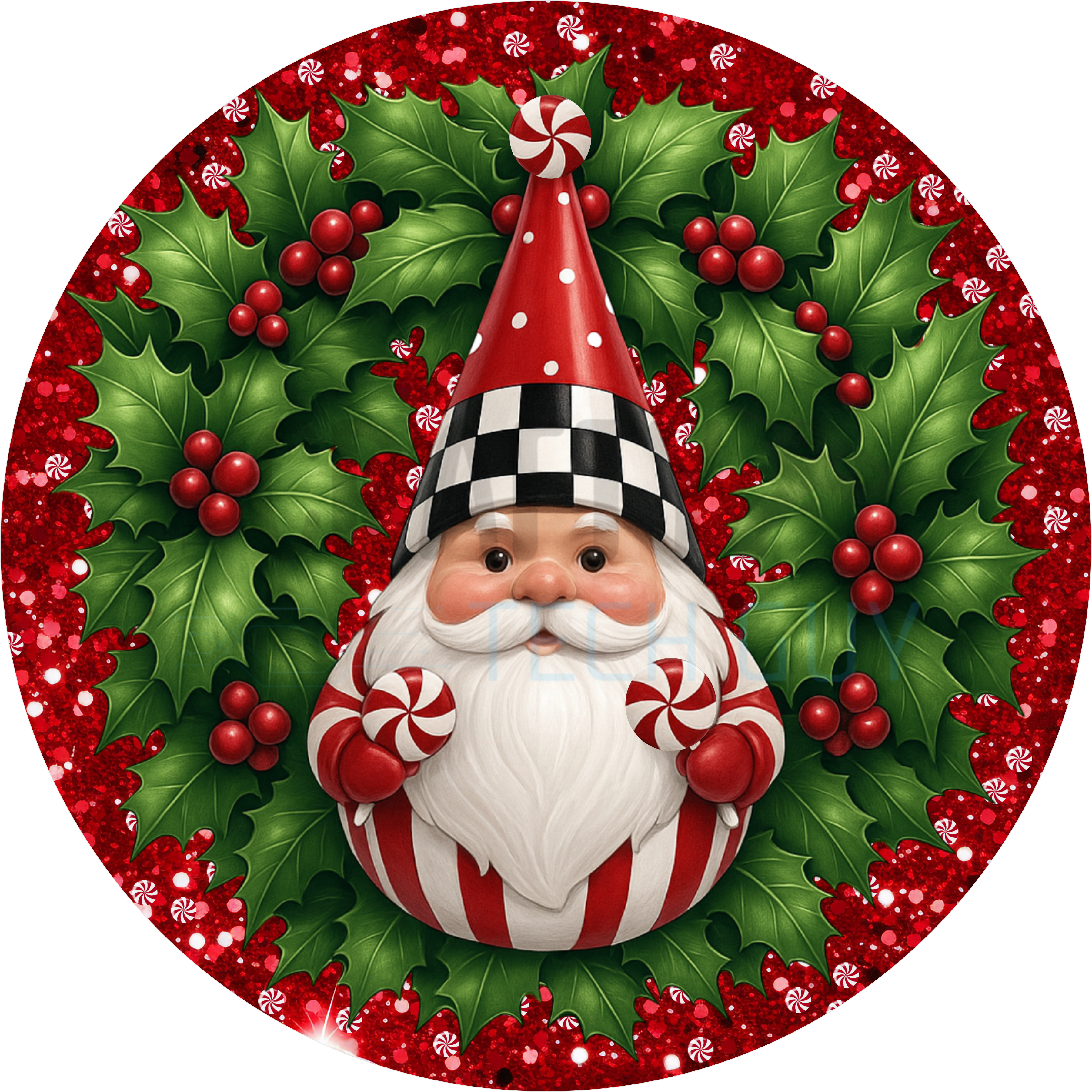 Peppermint Santa Christmas Design | Red Glitter Background with Holly and Berries | Festive Holiday Décor for Whimsical Christmas Style