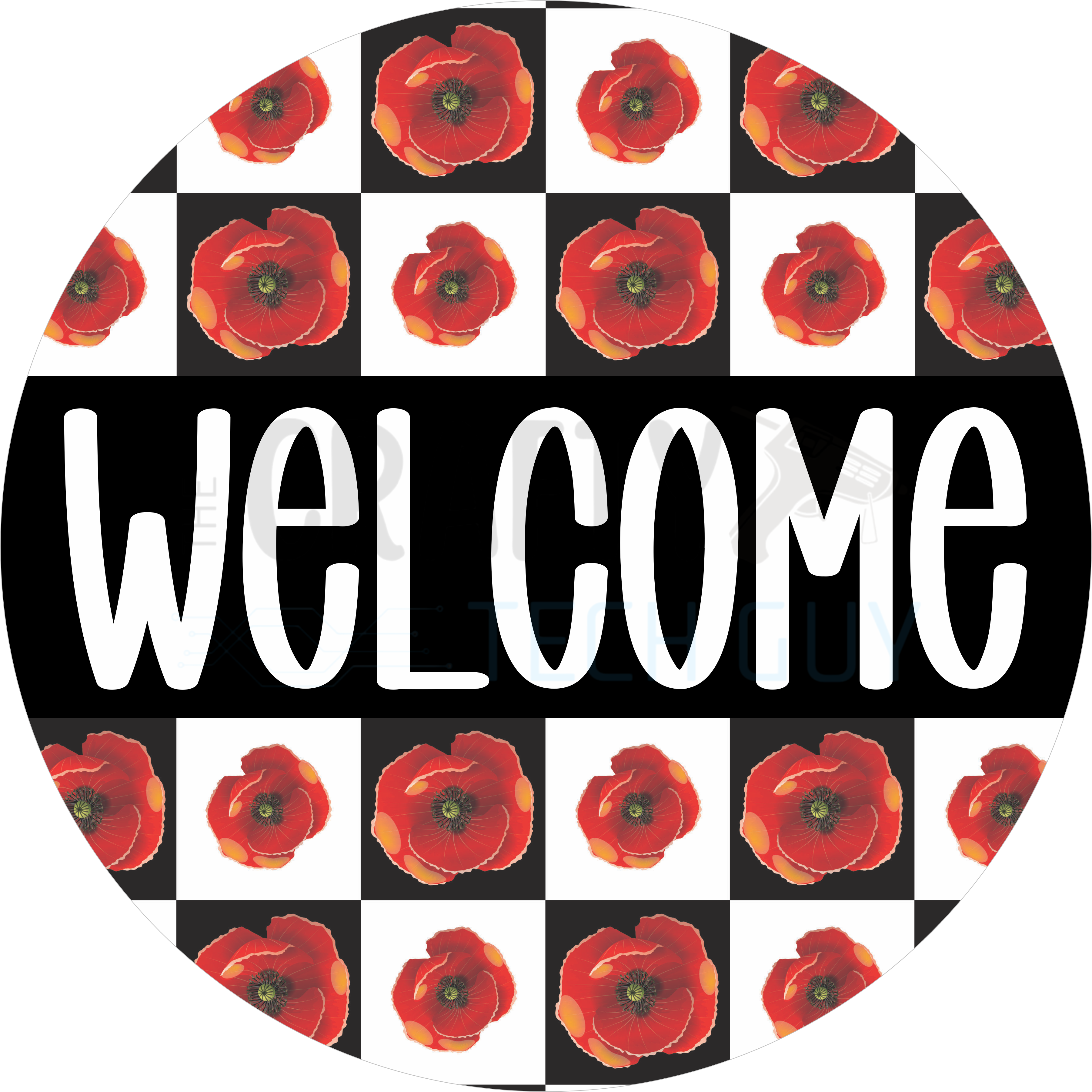 Welcome Red Poppy Checkerboard Round Wreath Sign