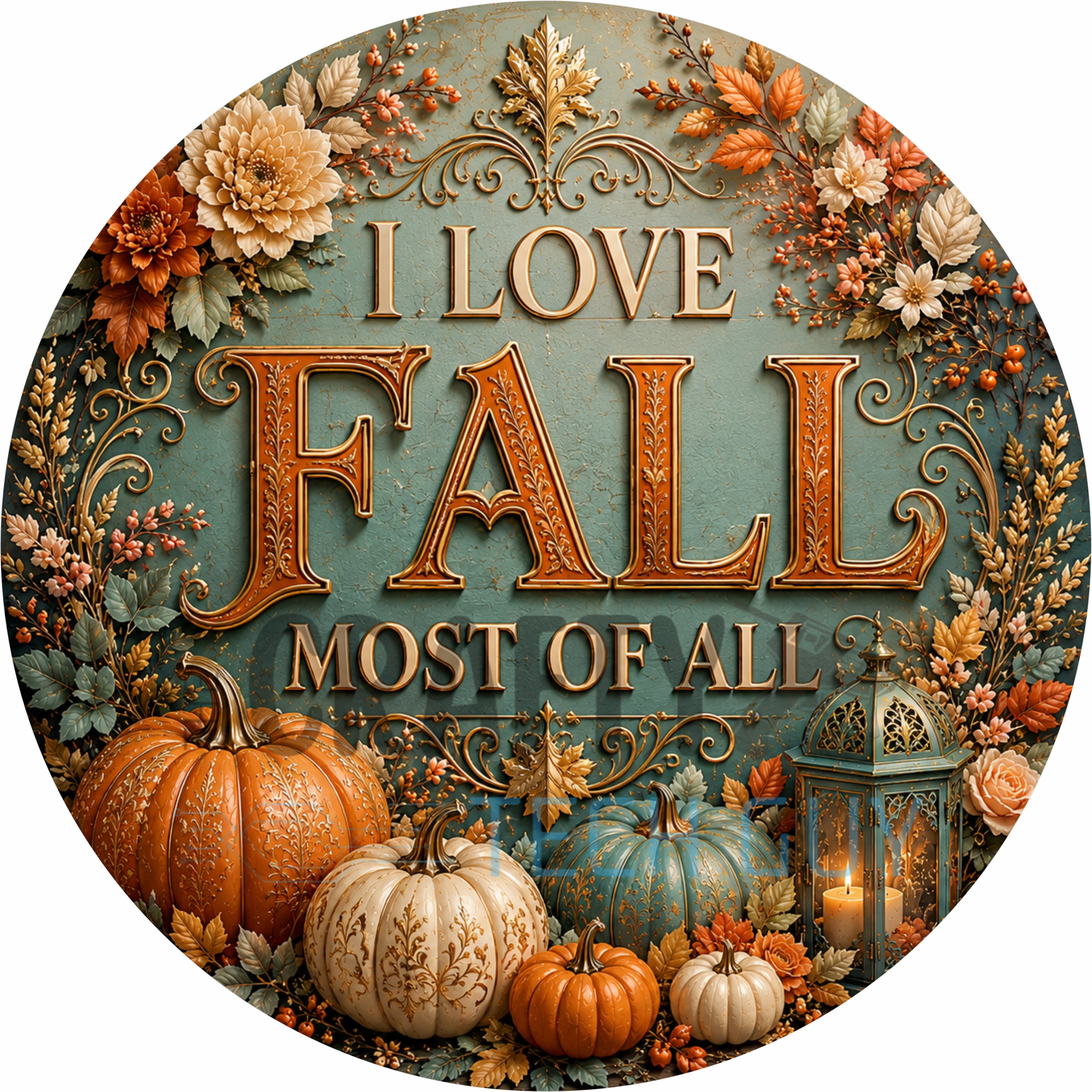 I Love Fall Most of All Teal Pumpkin Round Wreath Sign