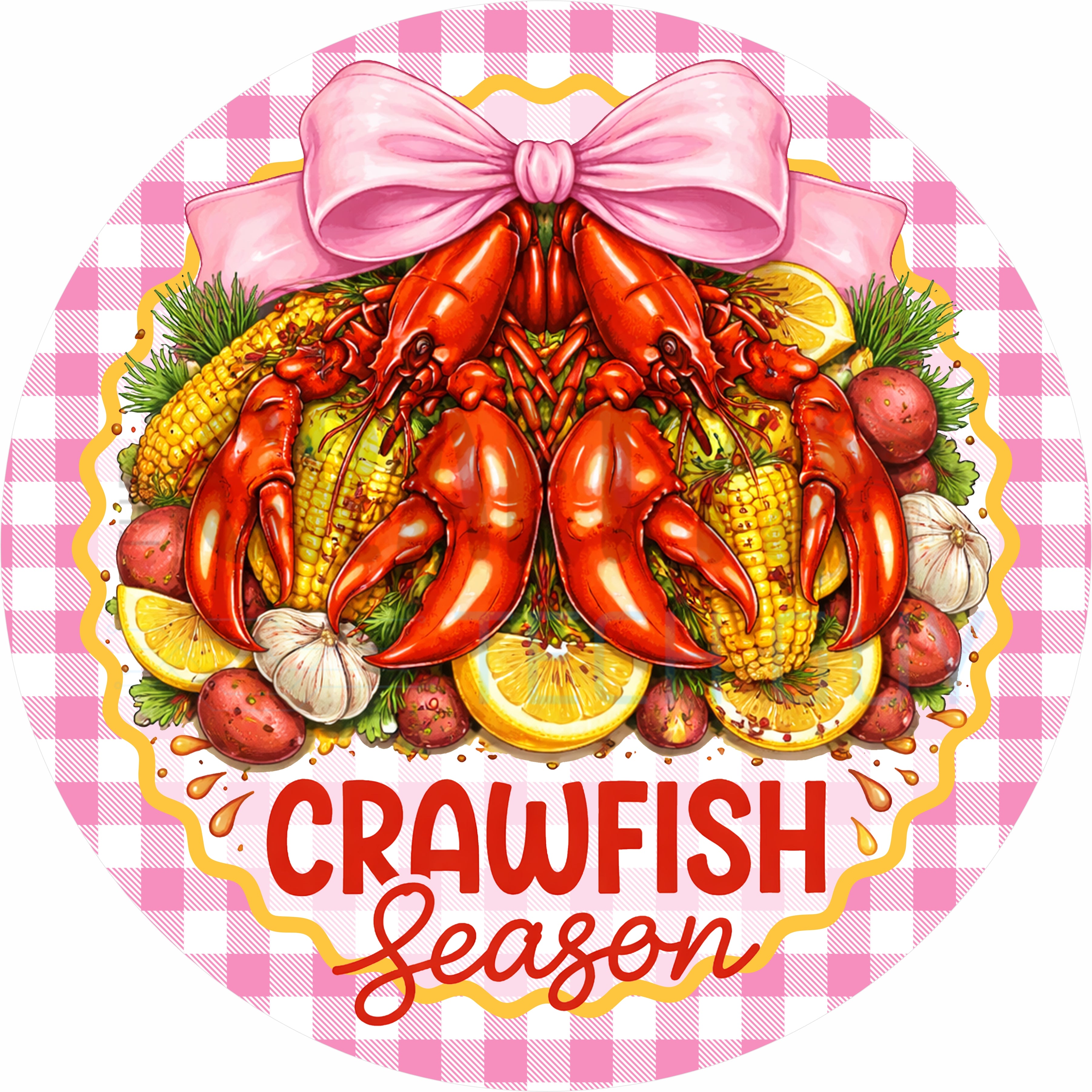 Crawfish Season Round Wreath Sign – Pink Gingham Crawfish Boil Door Decor