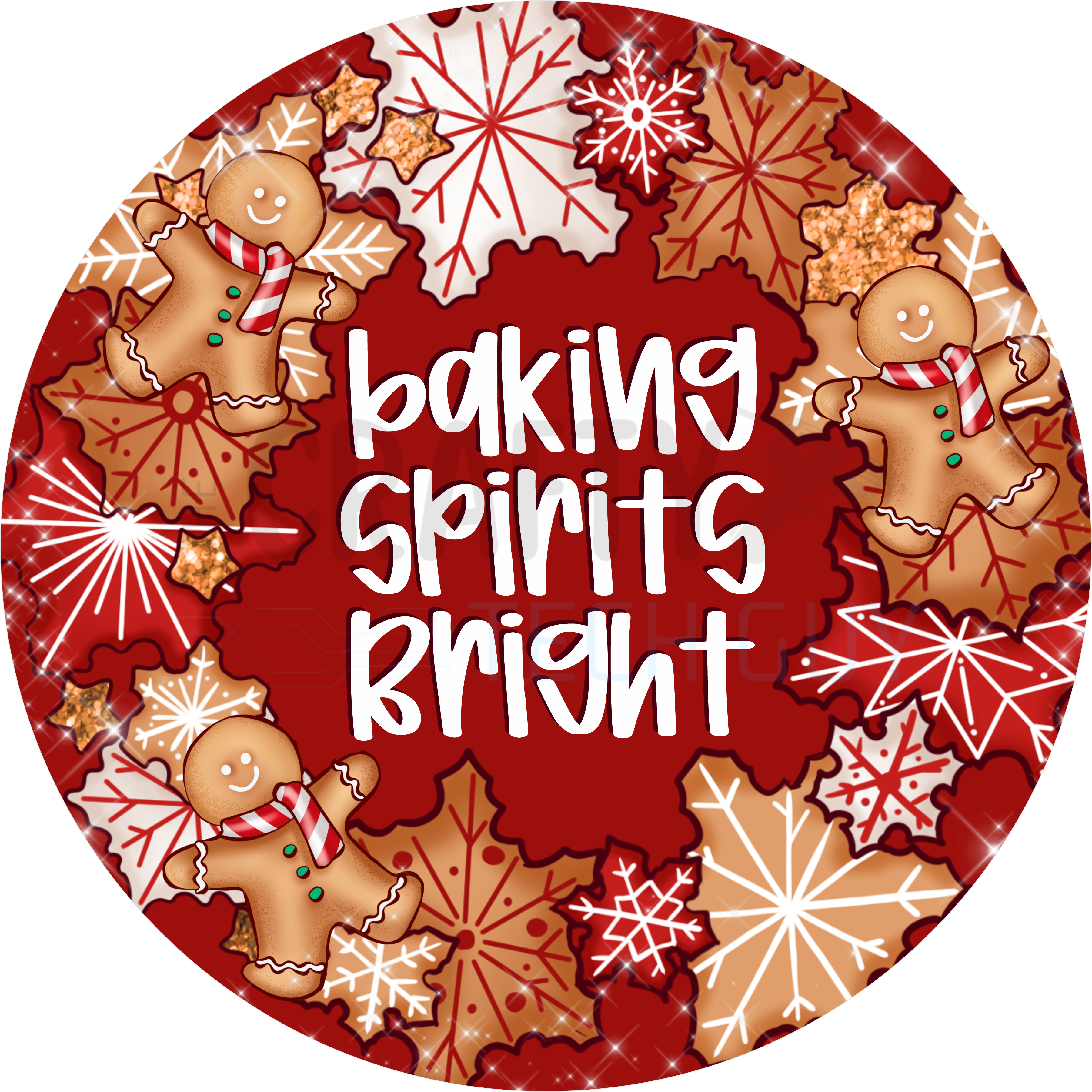 Baking Spirits Bright Christmas Sign with Gingerbread Cookies, Snowflakes, and Festive Red Holiday Background