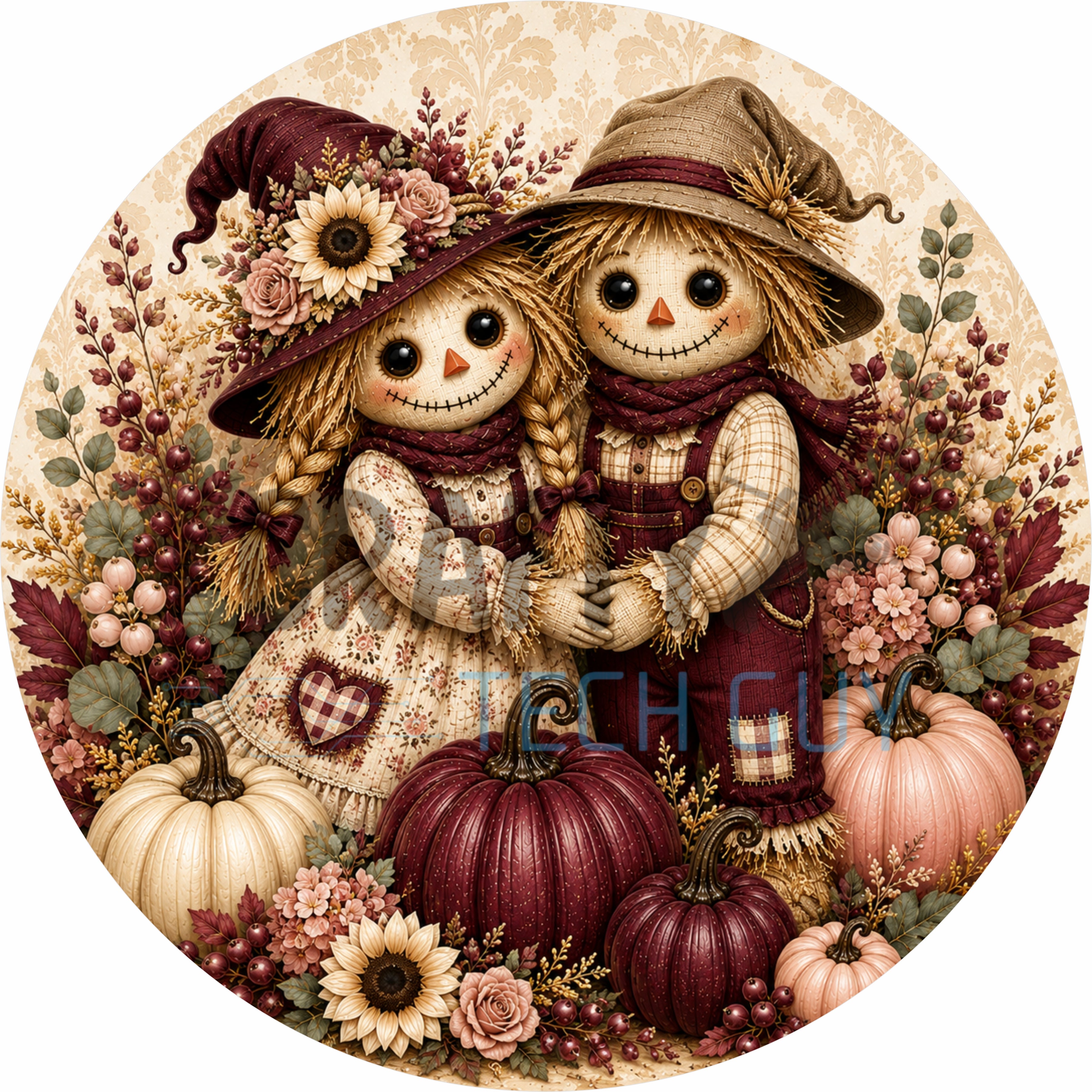 Burgundy Scarecrow Couple Round Wreath Sign