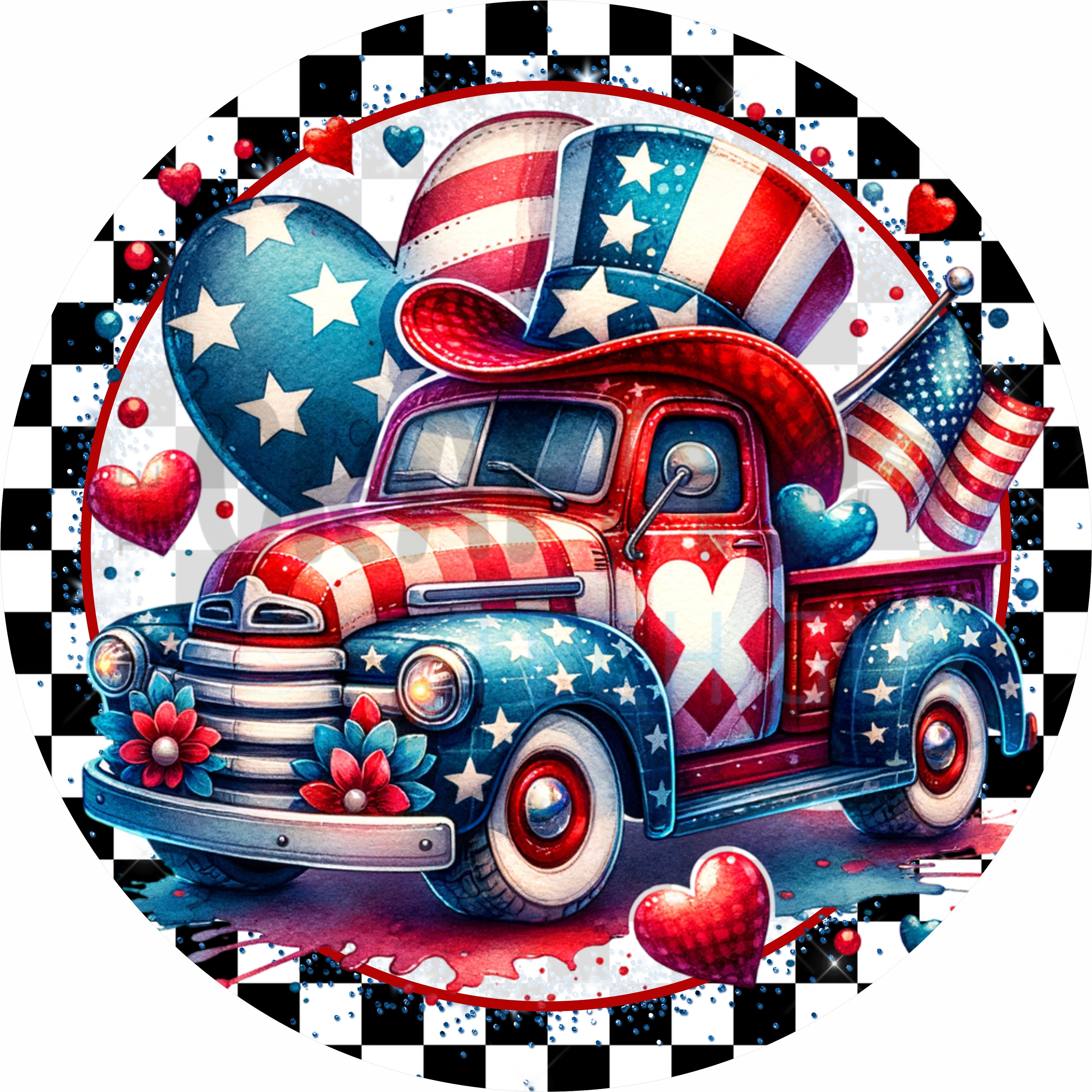 Sweet Summer Patriotic Truck Round Wreath Sign – Red White Blue Valentine Decor