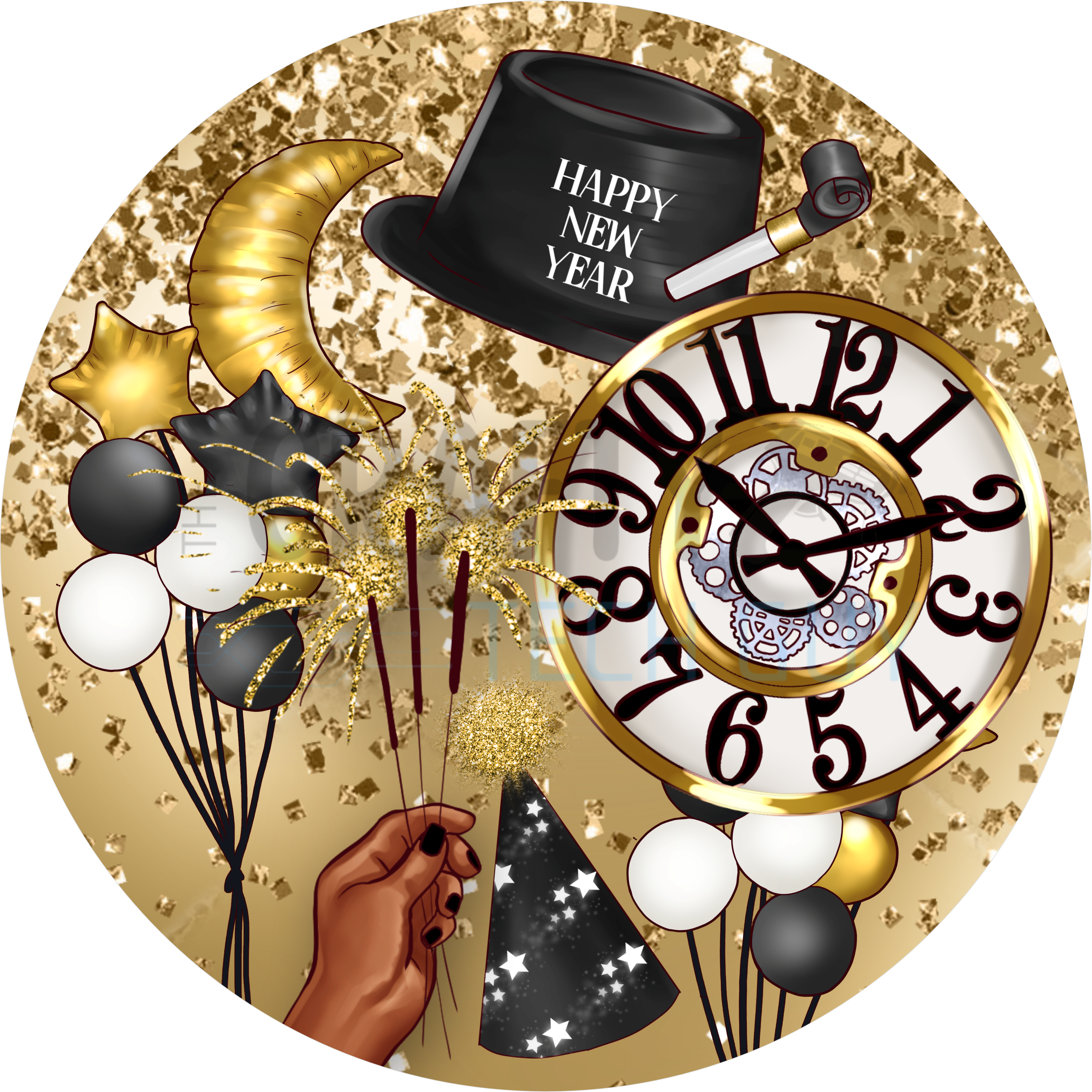 New Year Celebration Design | Gold Glitter Background with Clock, Party Hat, Balloons, and Sparkler Details
