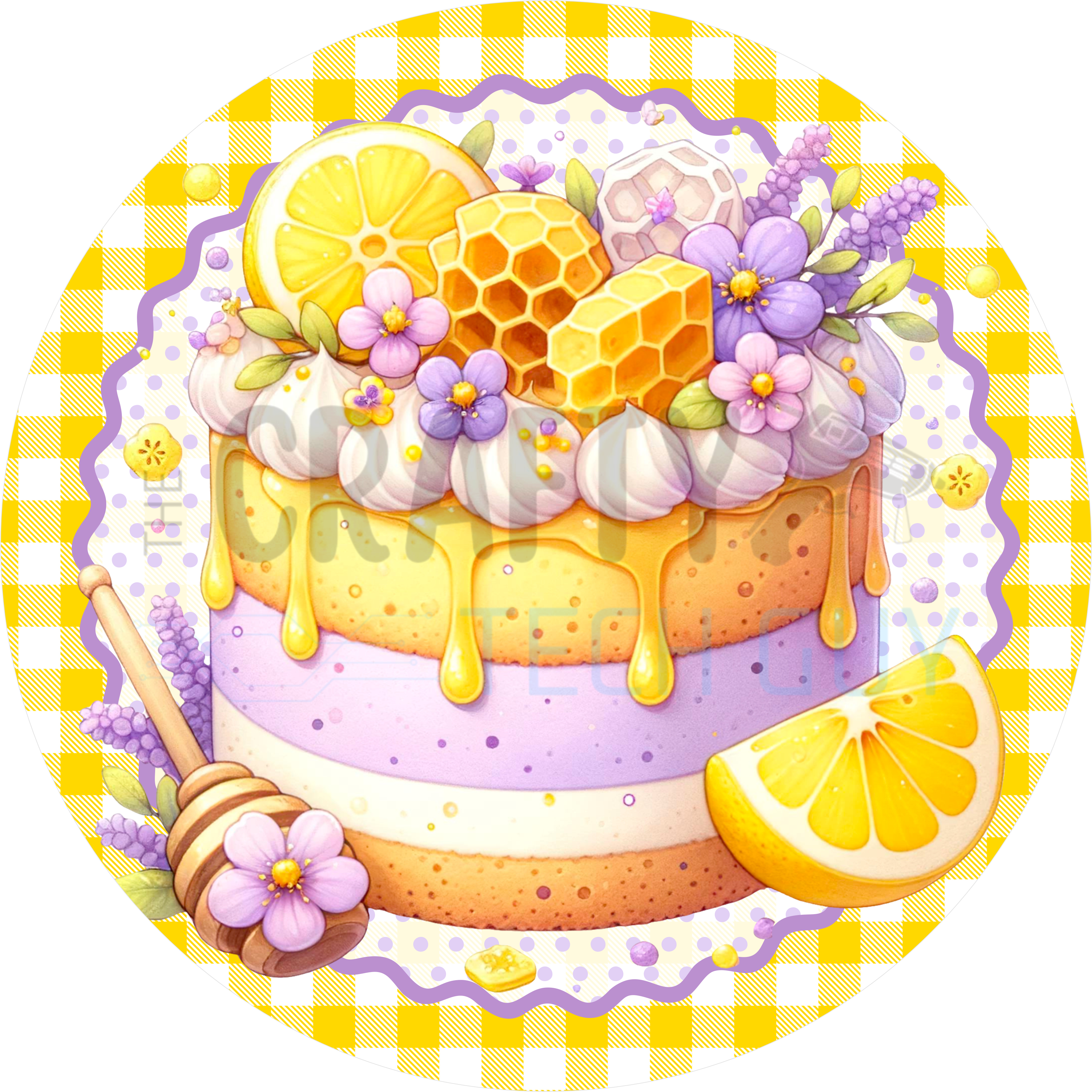 Lemon Honey Cake Wreath Sign – Spring Kitchen Décor with Bees, Honeycomb & Yellow Gingham