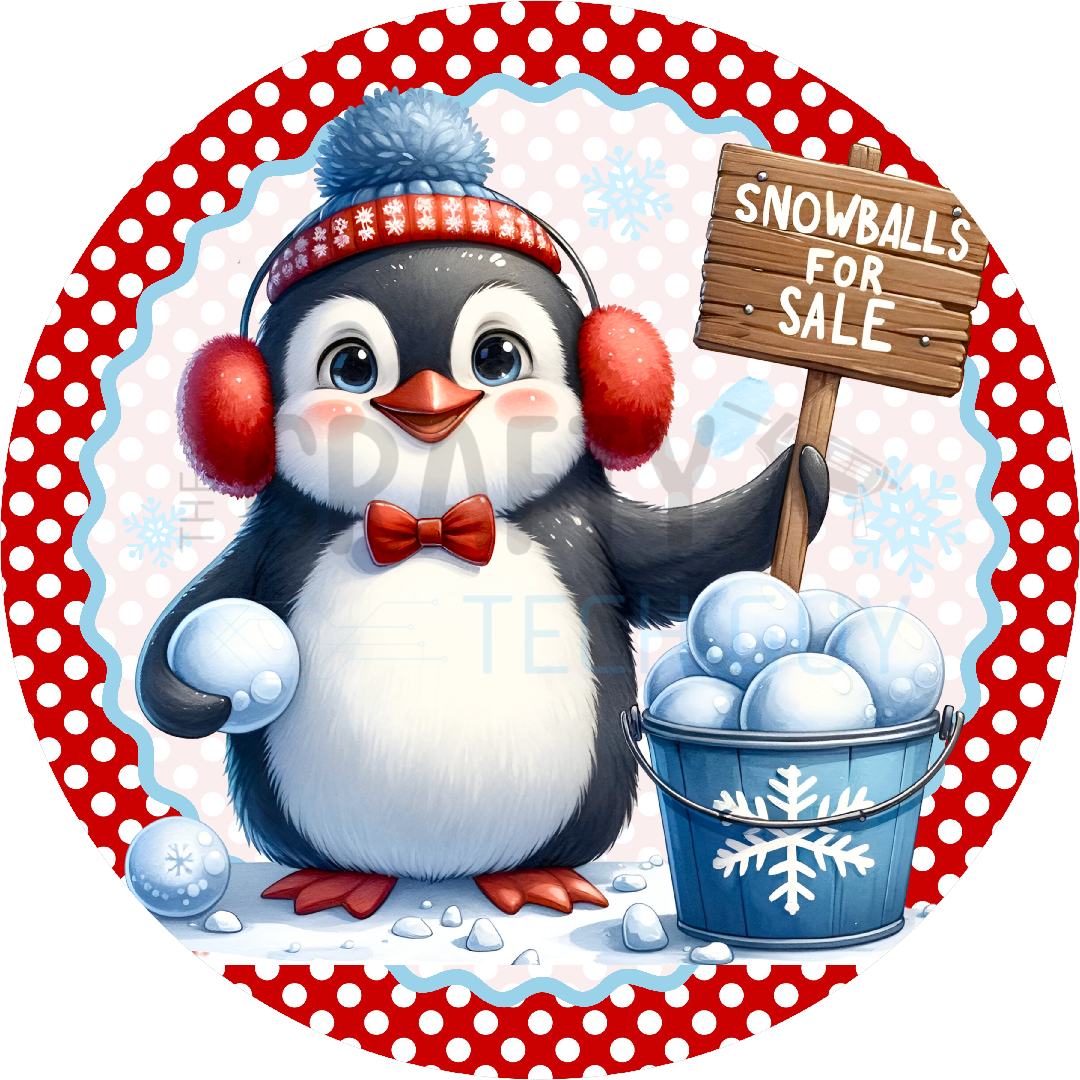 Lindo letrero de venta de bolas de nieve de pingüino invernal, corona navideña con orejeras rojas, divertida decoración navideña para puerta para niños.