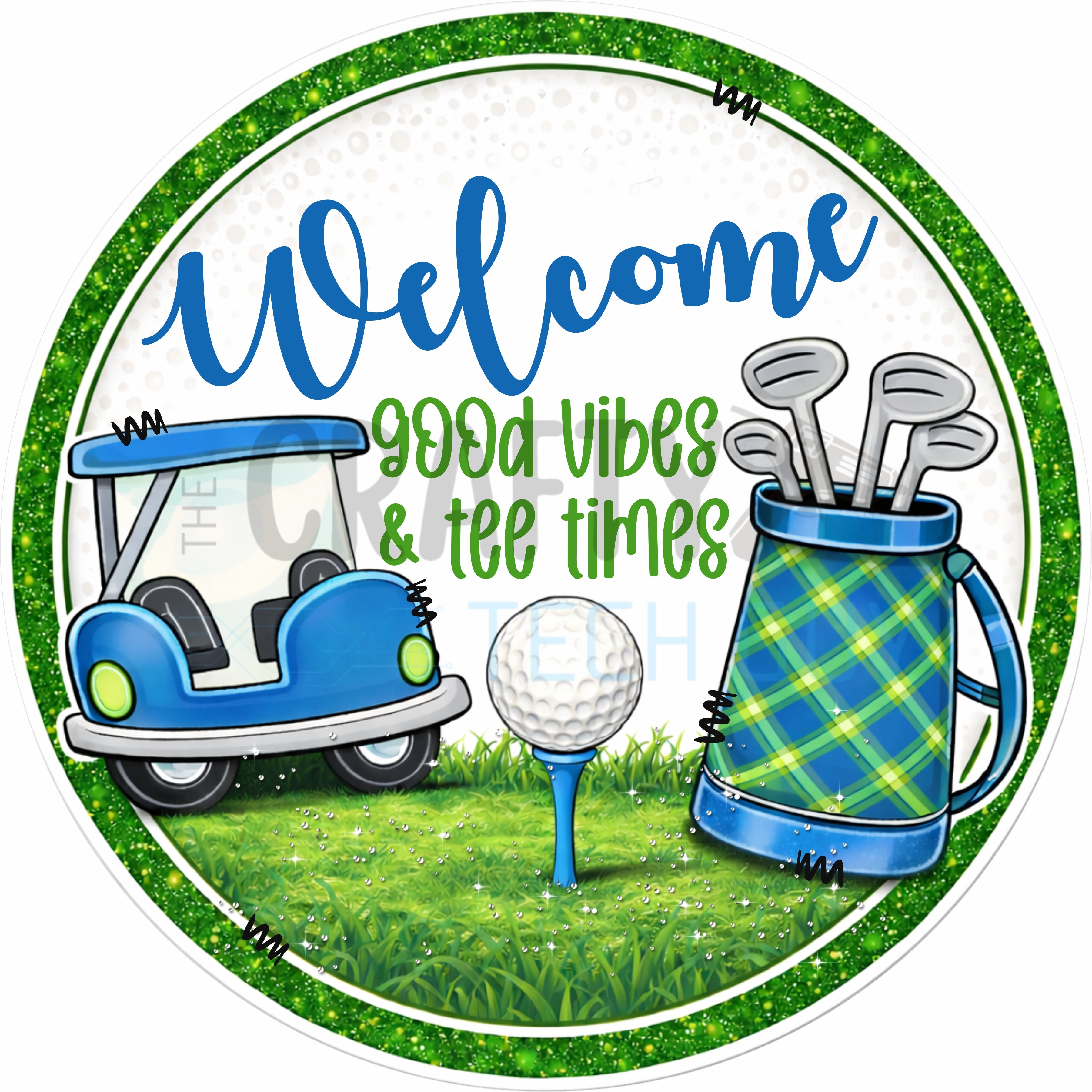 Letrero de bienvenida para golfistas: carrito de golf con cuadros escoceses y corona verde para amantes del golf.