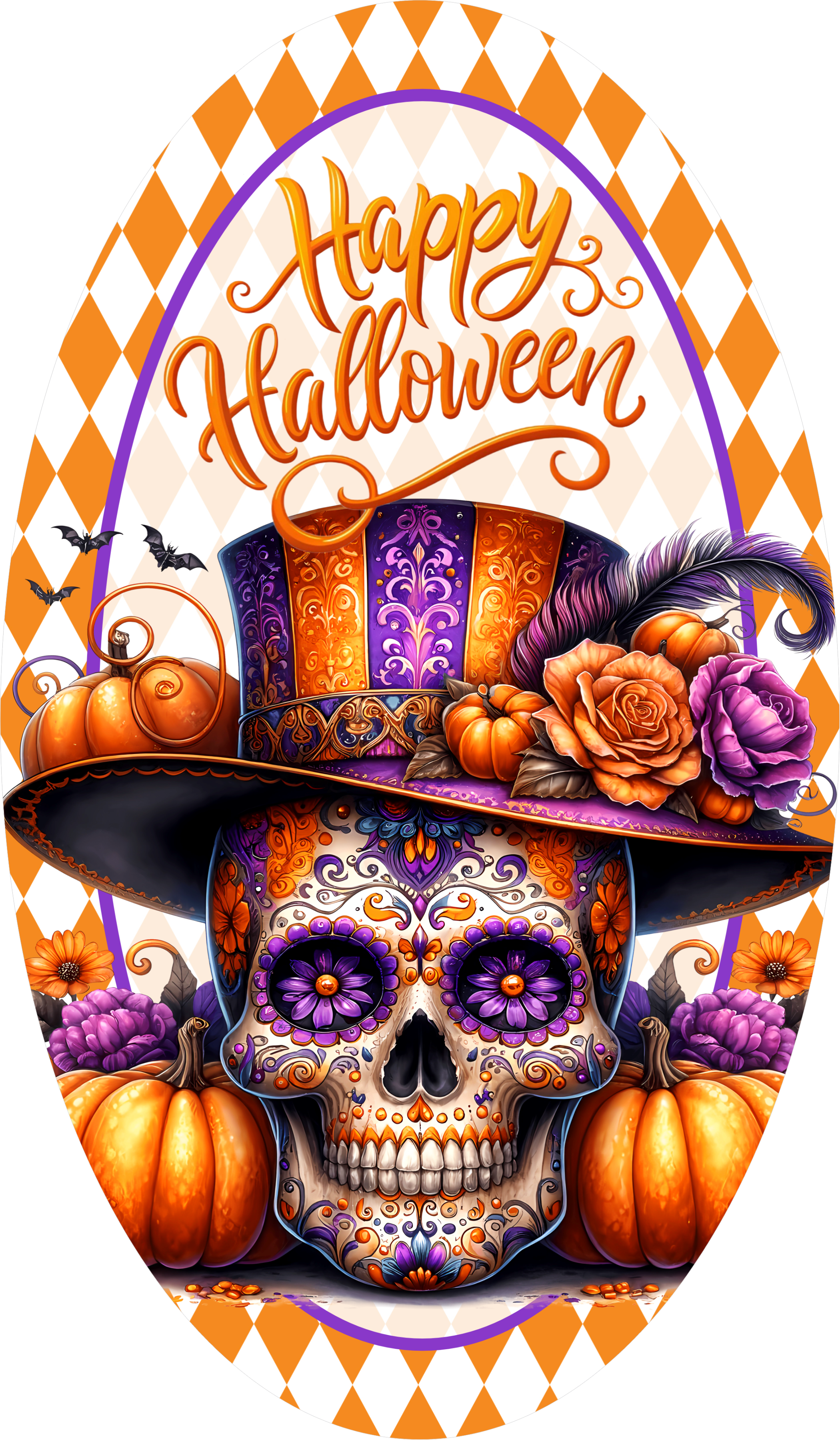 Sugar Skull Halloween Sign, Day of the Dead Skull with Top Hat, Colorful Pumpkin Decor for Halloween Wreath or Wall