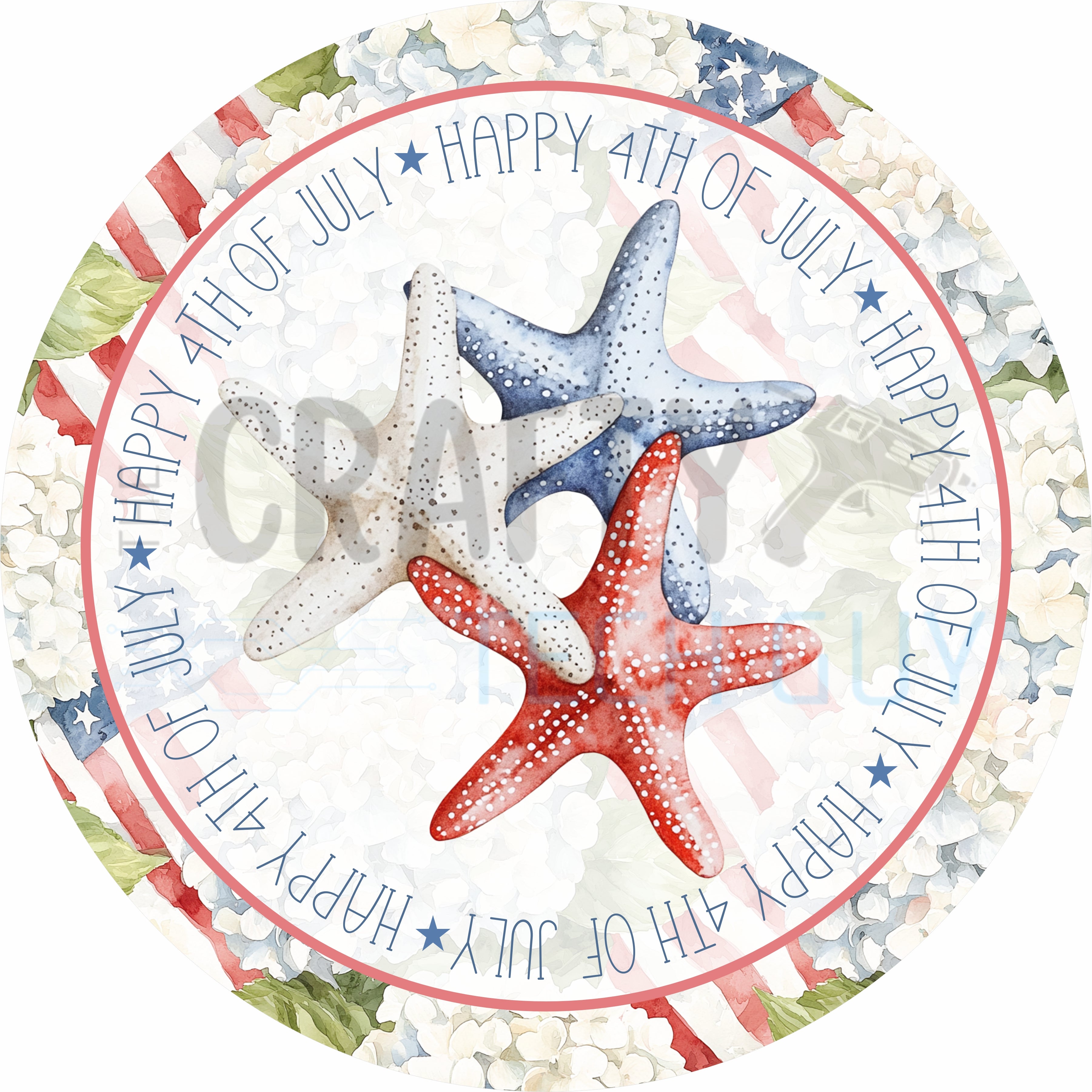 Happy 4th of July Patriotic Starfish Coastal Round Sign