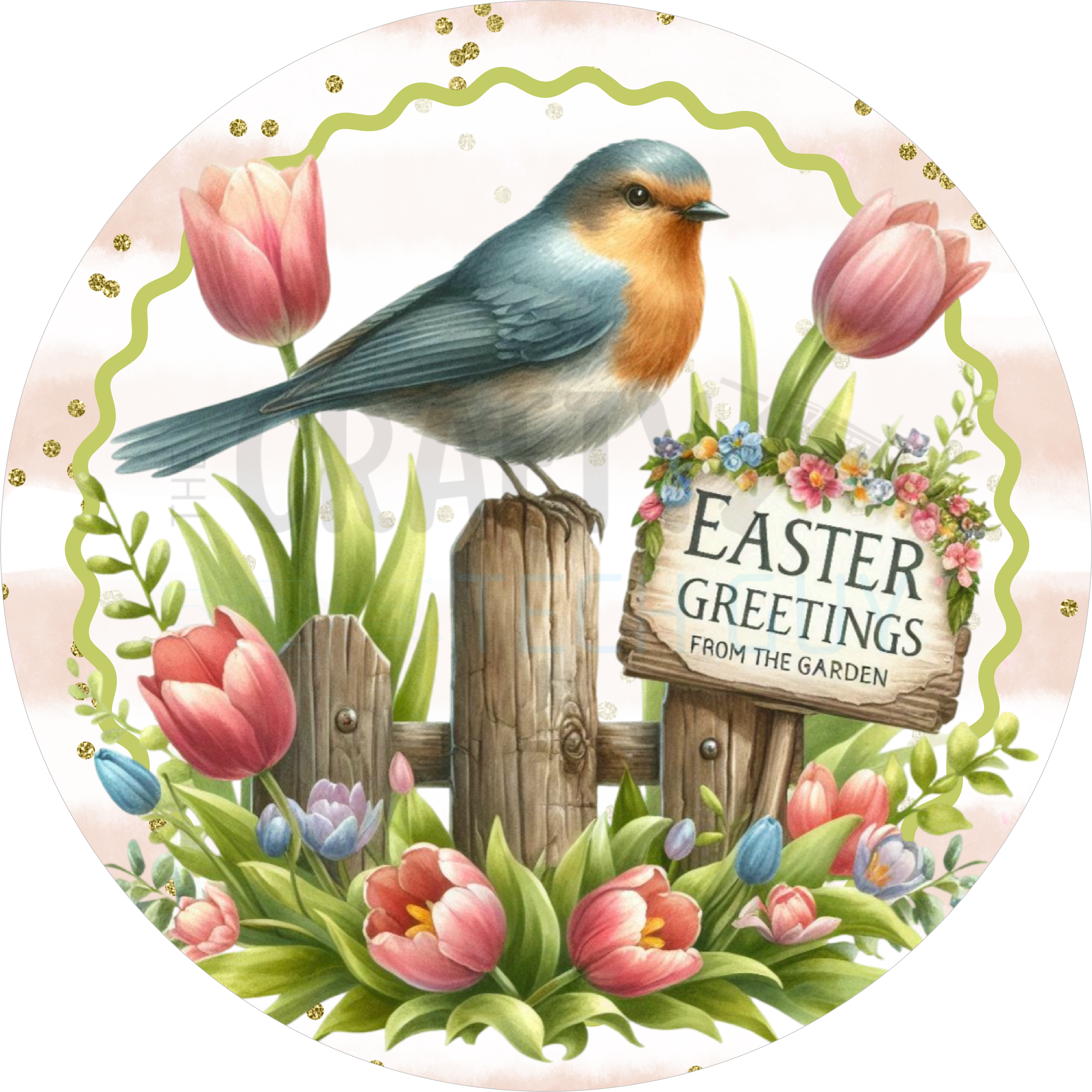 Easter Greetings Spring Bird Floral Round Wreath Sign