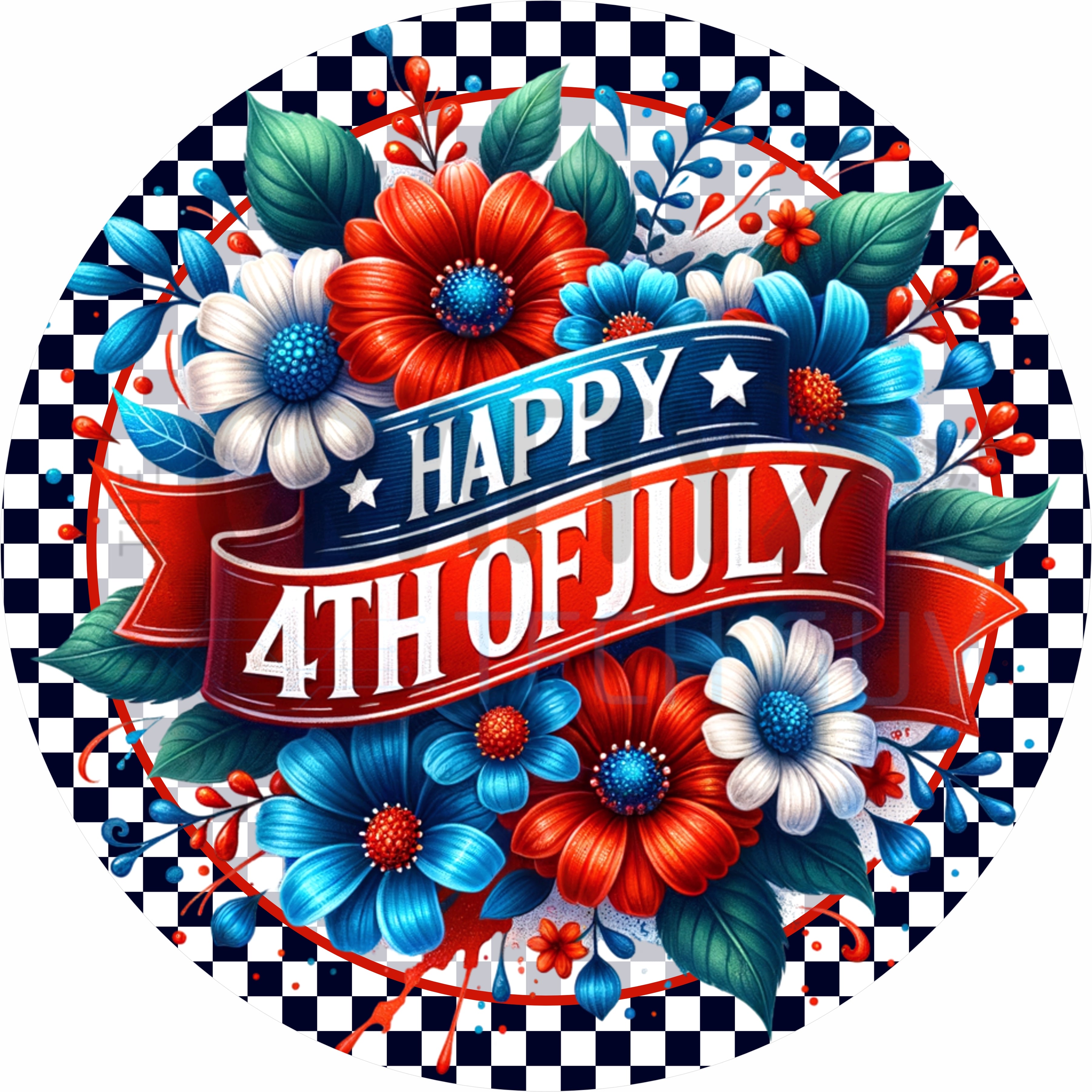 Happy 4th of July Round Wreath Sign – Patriotic Floral Red White Blue Door Decor