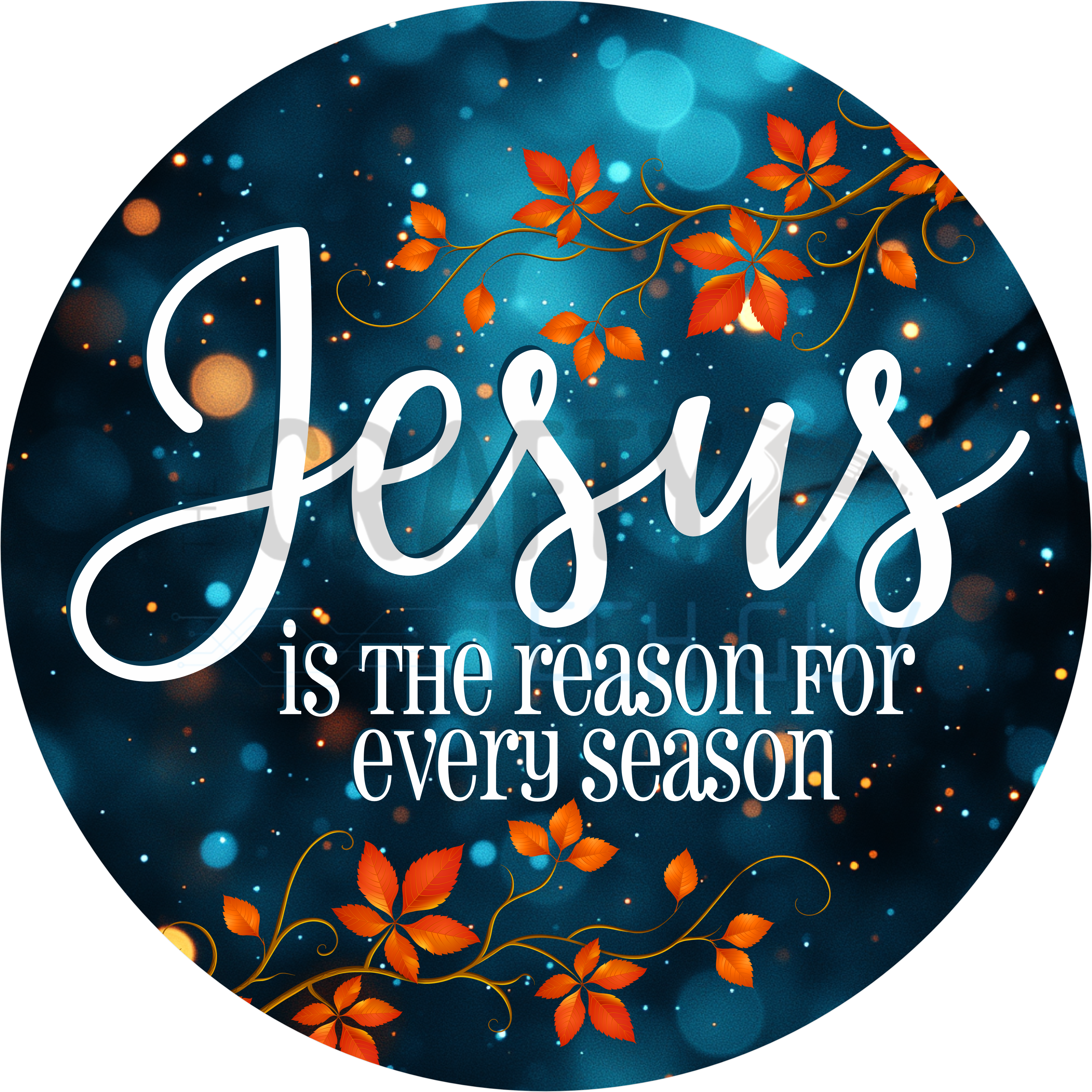 Inspirational Christian Sign with “Jesus Is the Reason for Every Season” on Blue and Orange Autumn Background