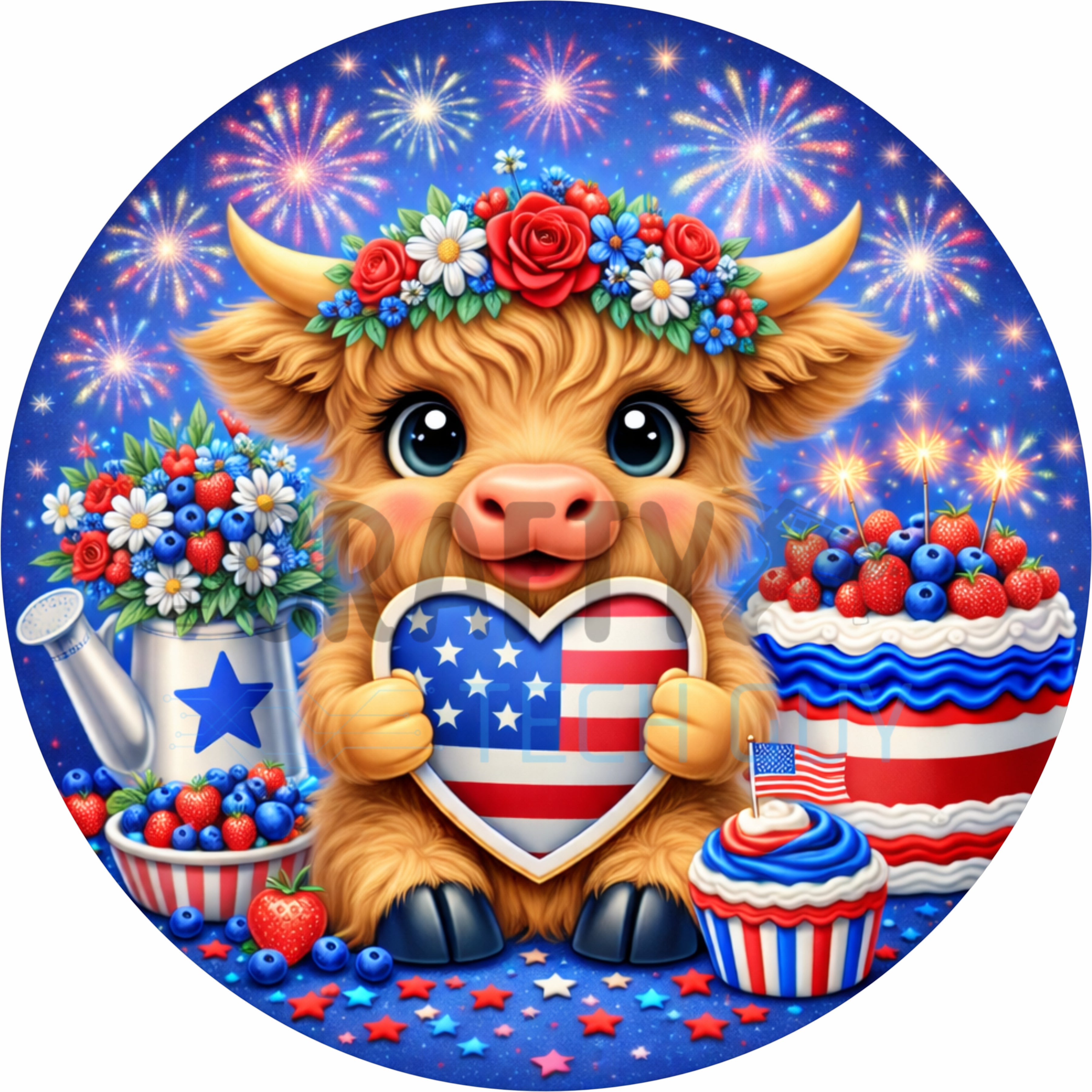 Patriotic Highland Cow Heart Round Wreath Sign