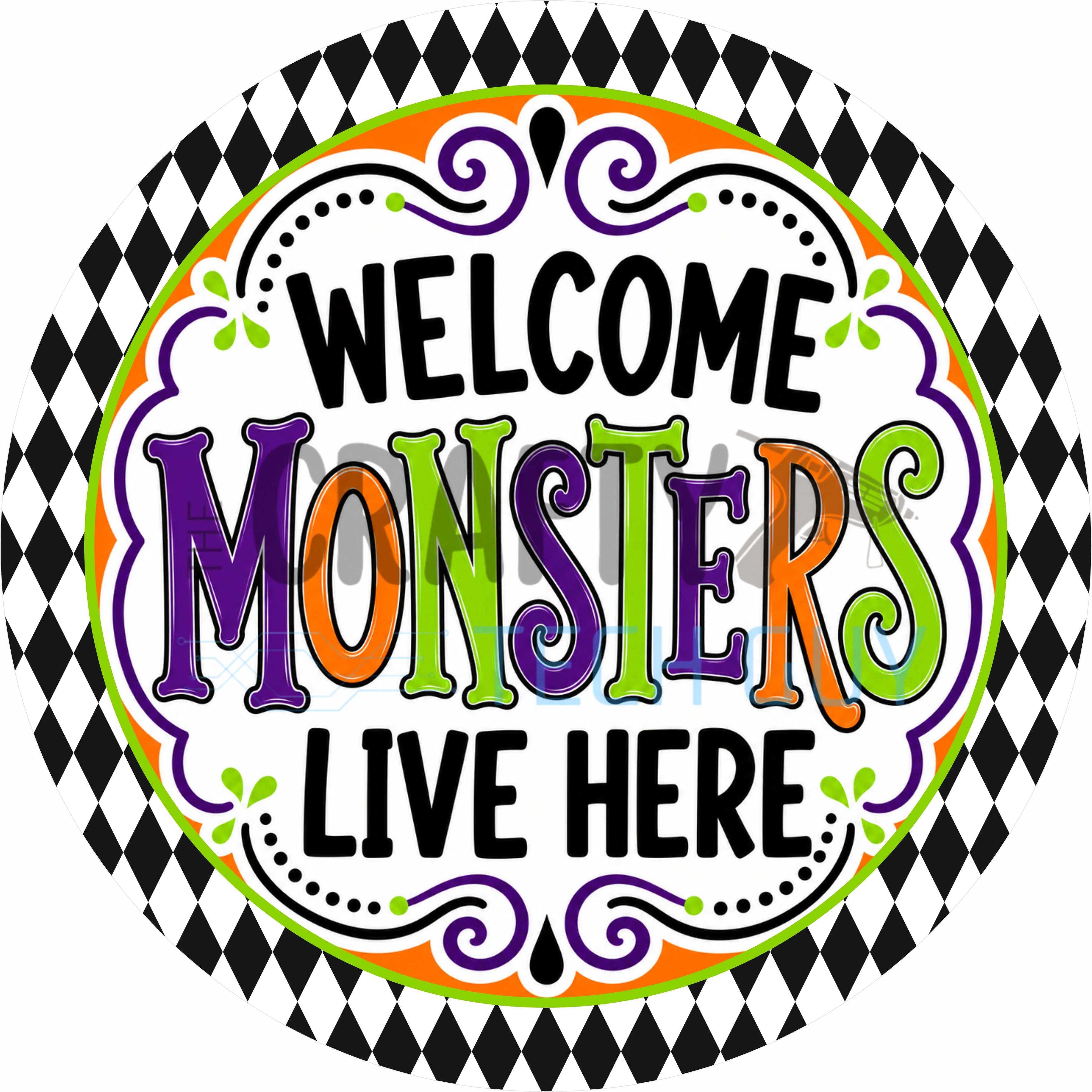 Welcome Monsters Live Here Halloween Round Wreath Sign