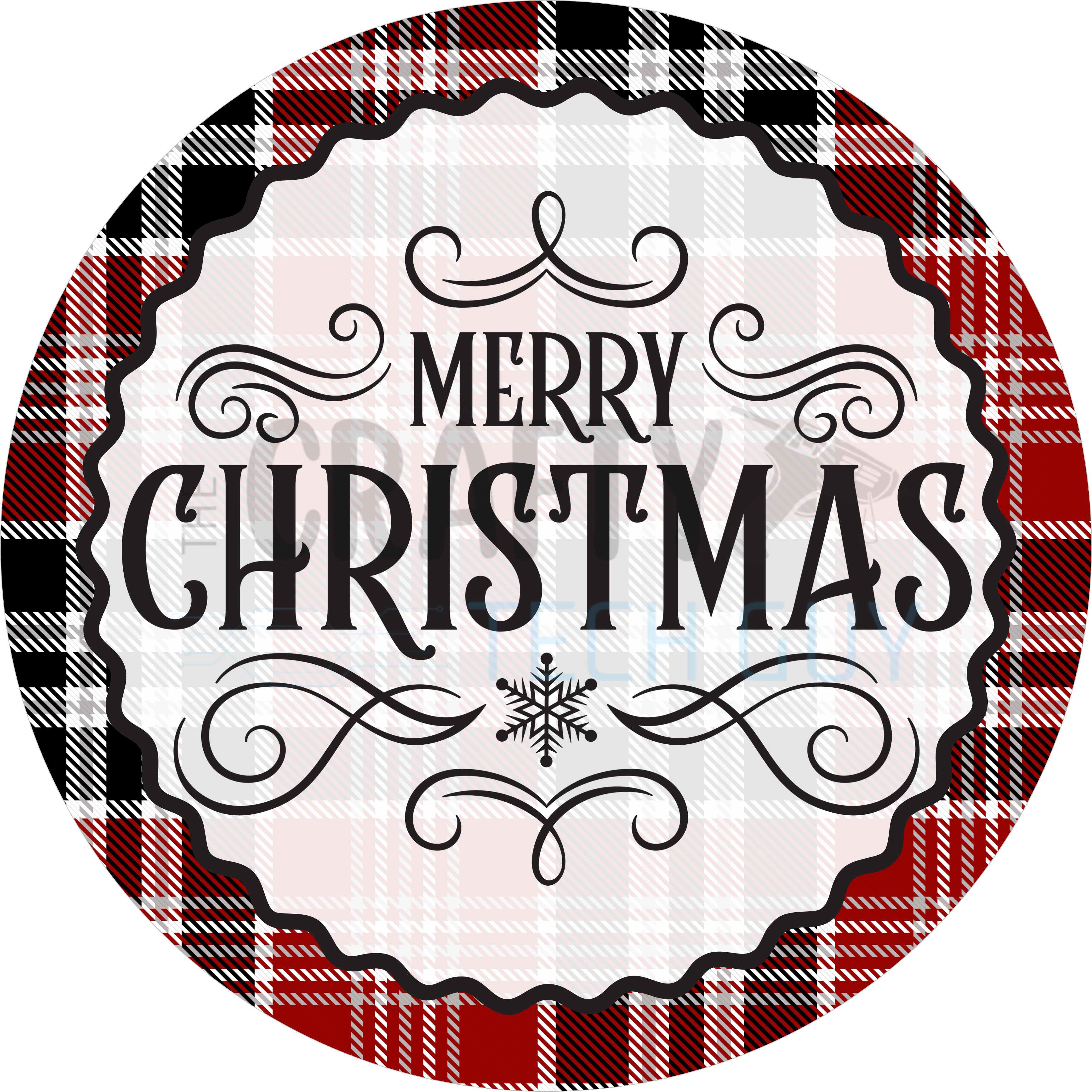 Rustic Red and Black Plaid Merry Christmas Design with Vintage Script and Snowflake Accent