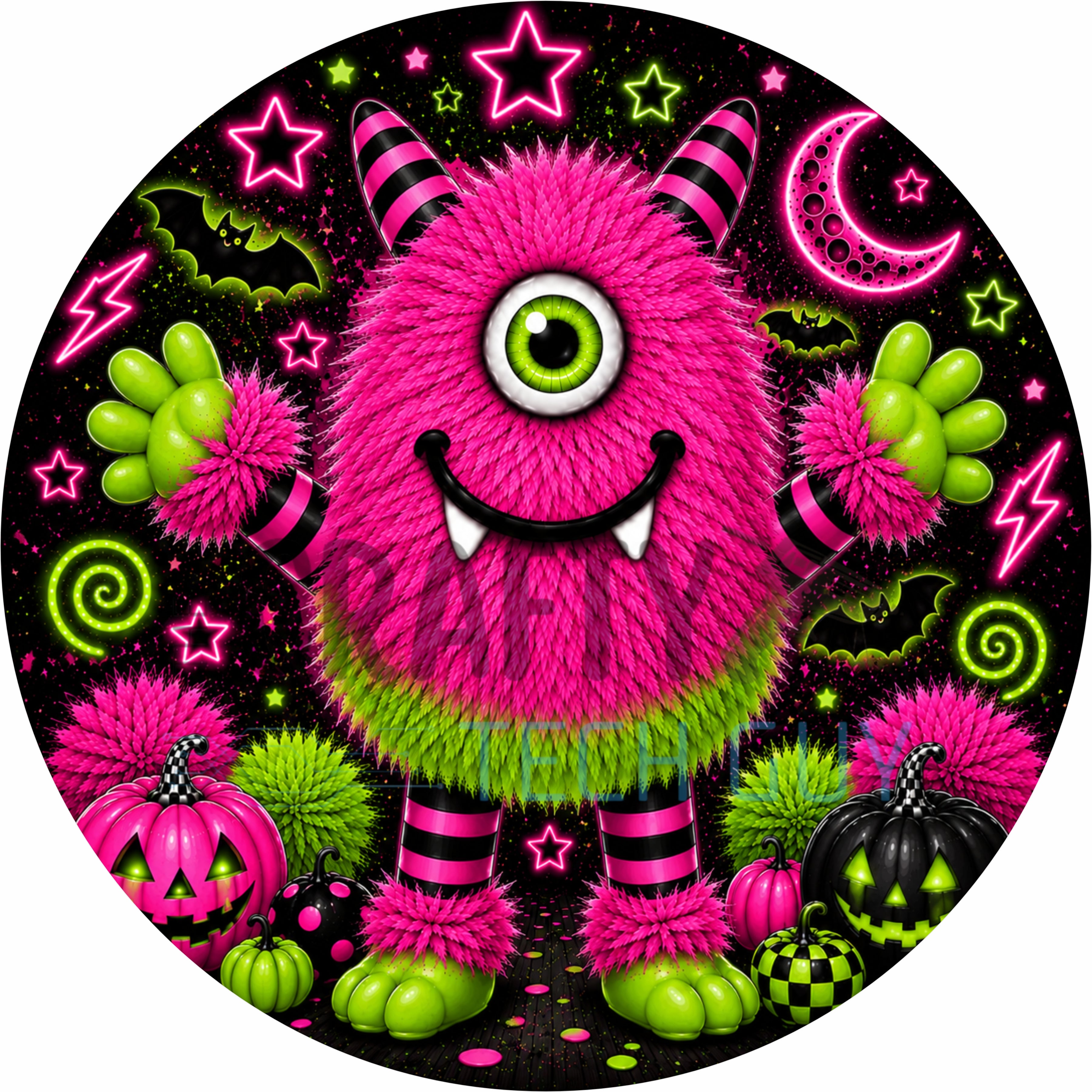 Neon Pink & Lime Halloween Monster Round Wreath Sign
