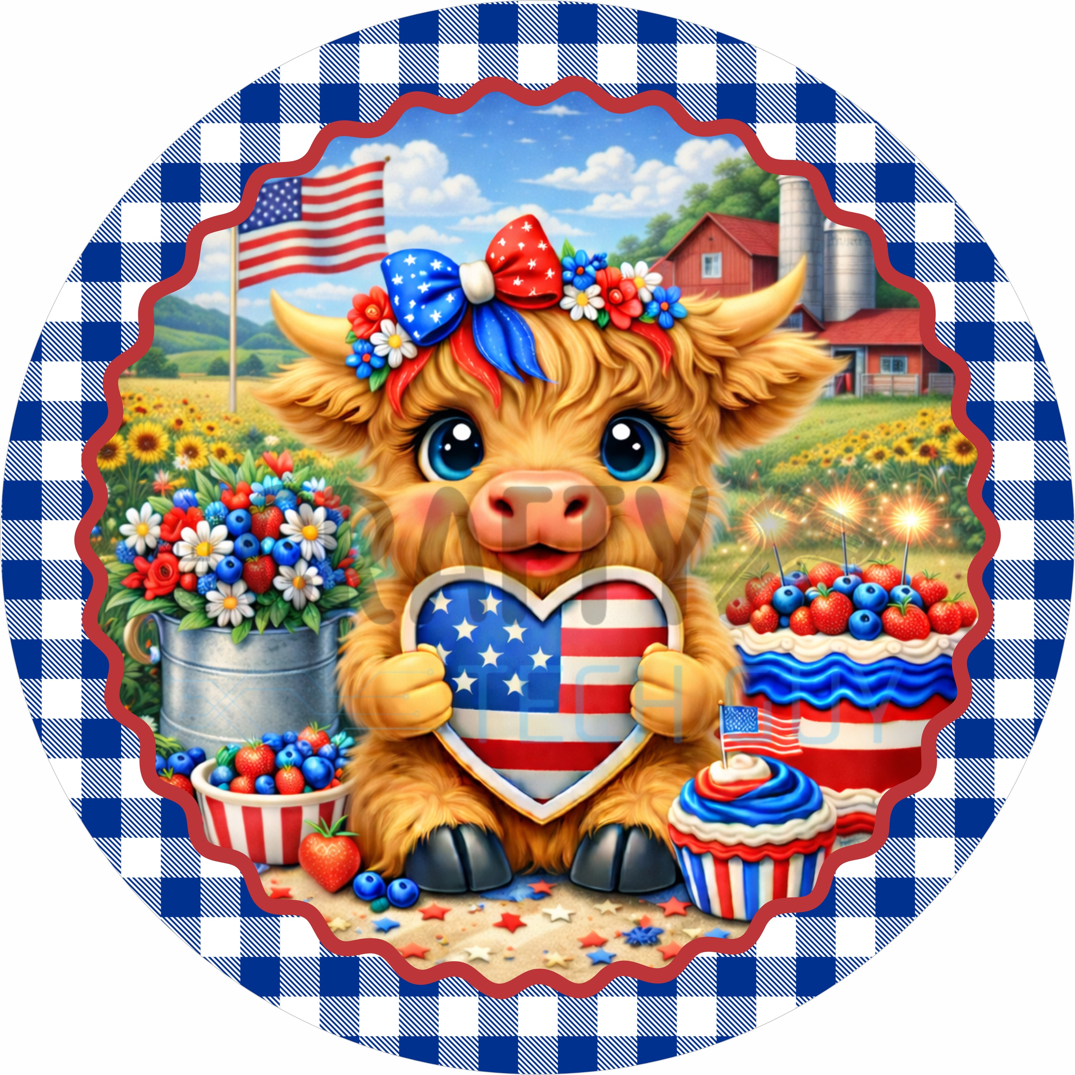 Patriotic Highland Cow Farm Round Wreath Sign