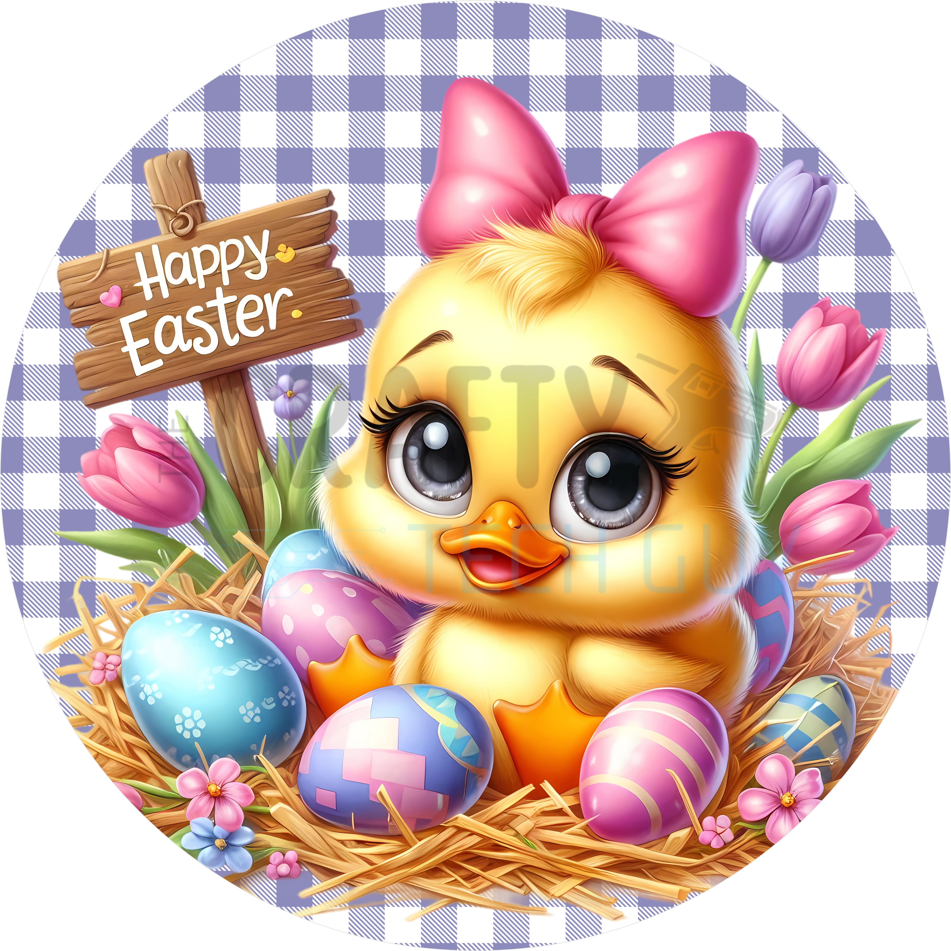 Happy Easter Duckling Wreath Sign – Purple Gingham Decor