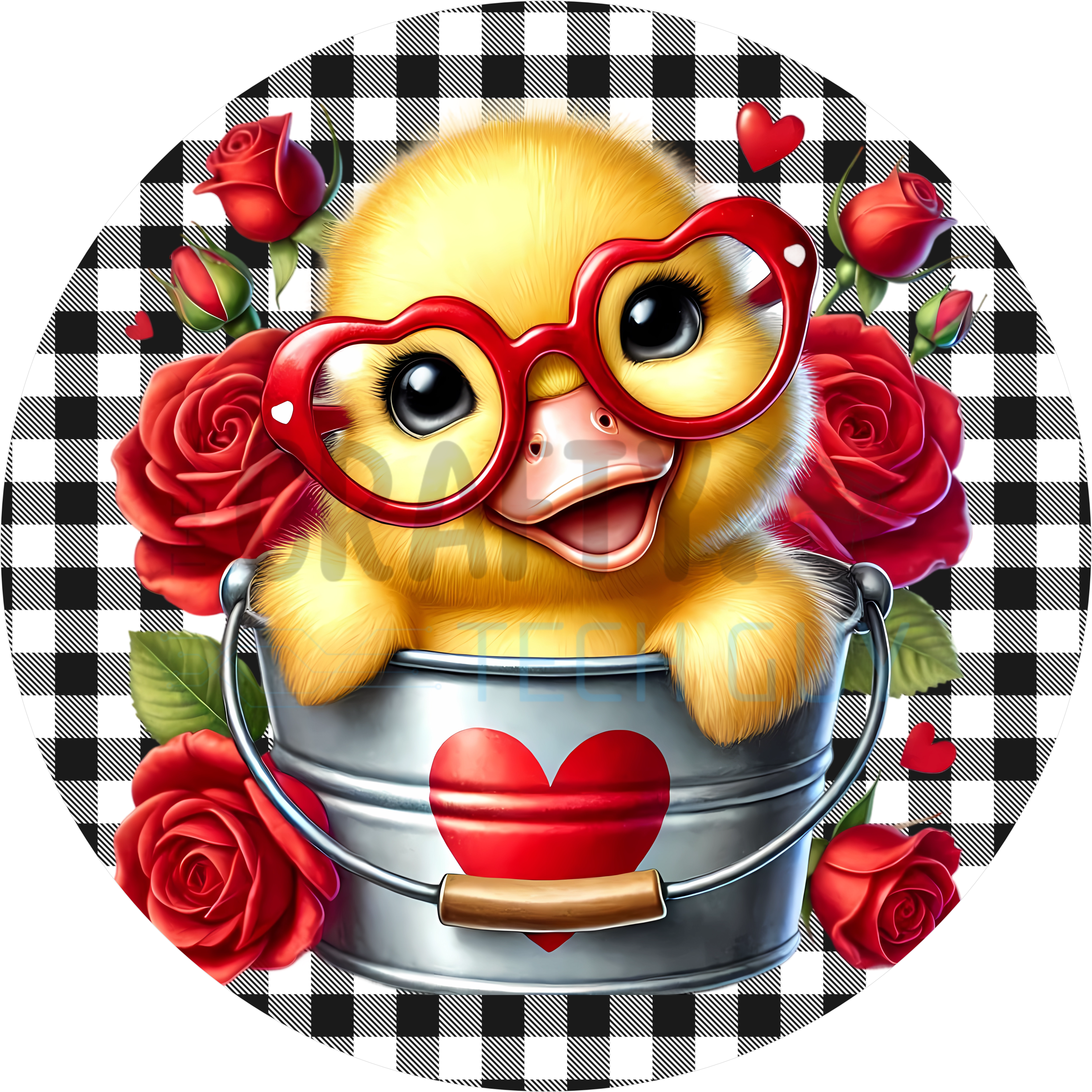 Valentine Duckling Design | Cute Yellow Duck with Heart Glasses and Roses on Checkered Background for Love-Themed Décor