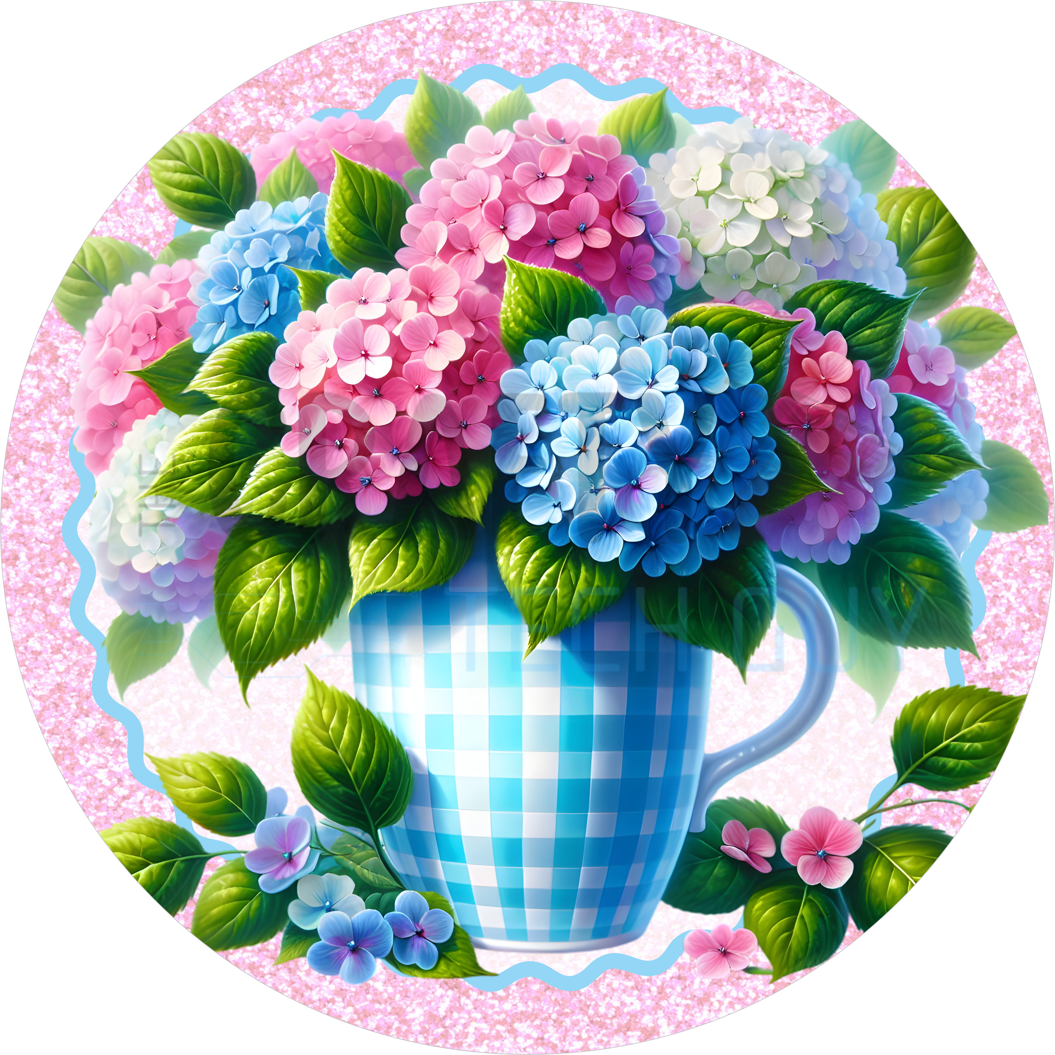 Hydrangea Floral Wreath Sign – Pastel Spring Door Décor with Blue Gingham Mug & Pink Glitter Border