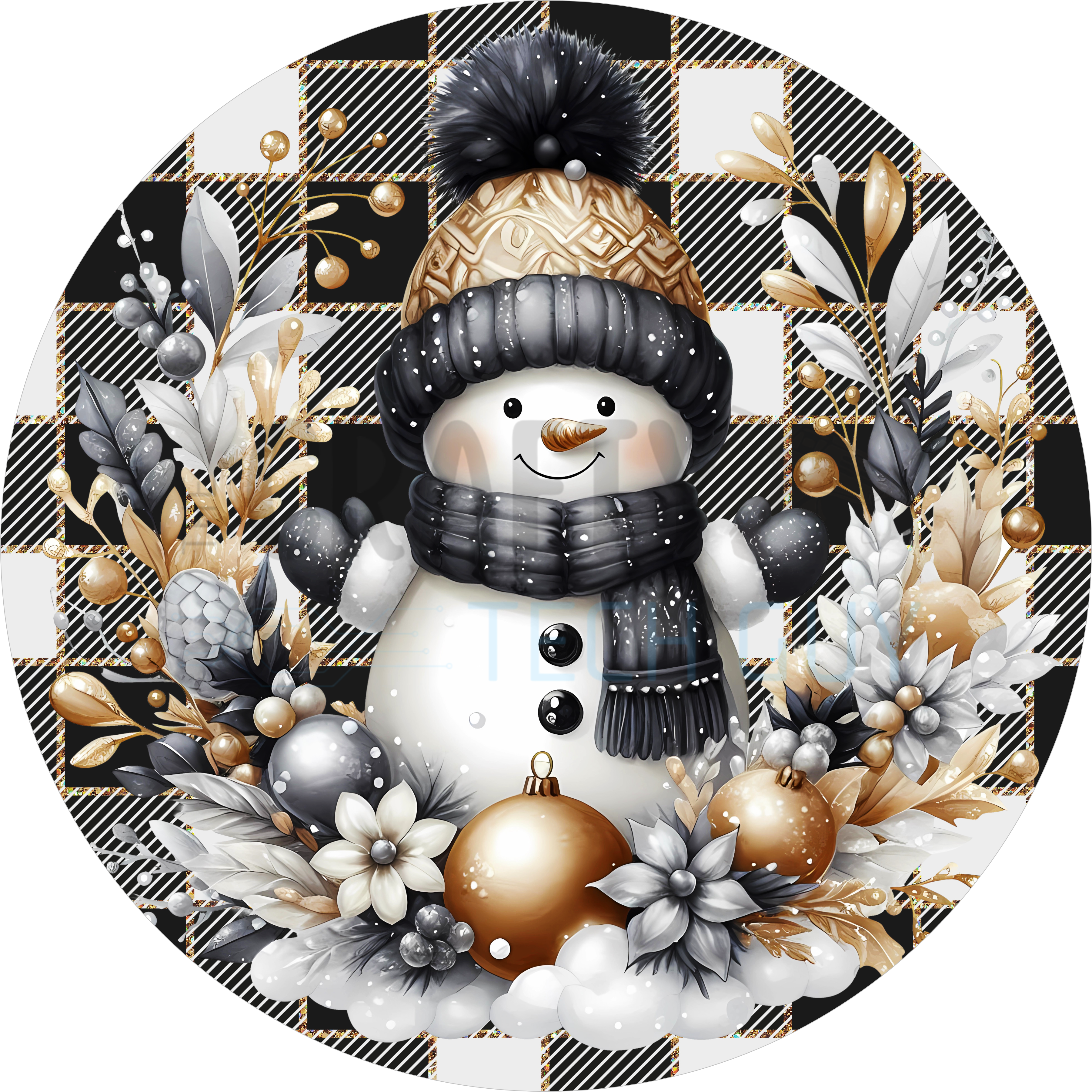 Elegante letrero de muñeco de nieve dorado y negro para coronas navideñas, glamoroso adorno de puerta para las fiestas de invierno con cuadros de búfalo y adornos.