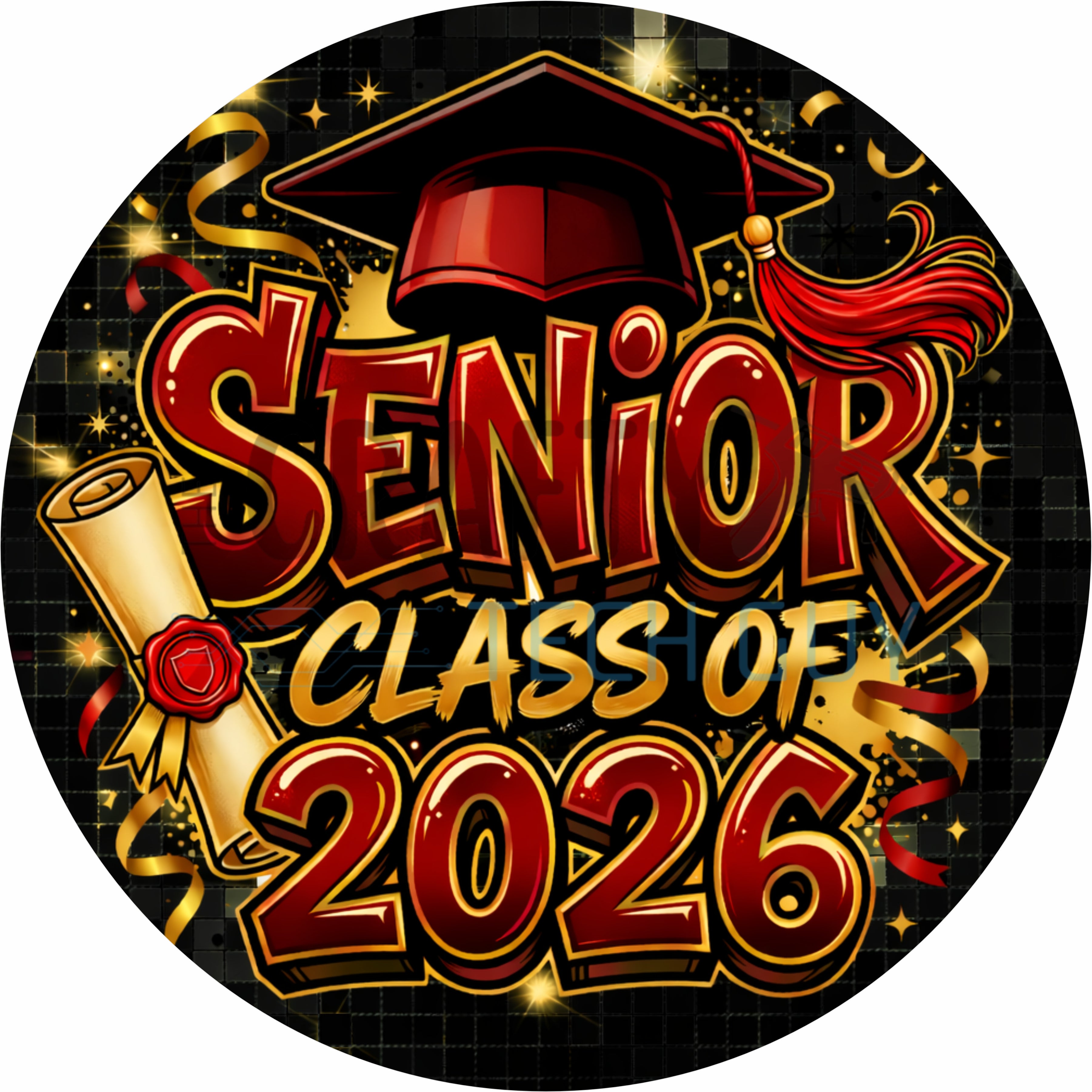 Senior Class of 2026 Graduation Sign Red Gold Cap Diploma Round Wreath Sign