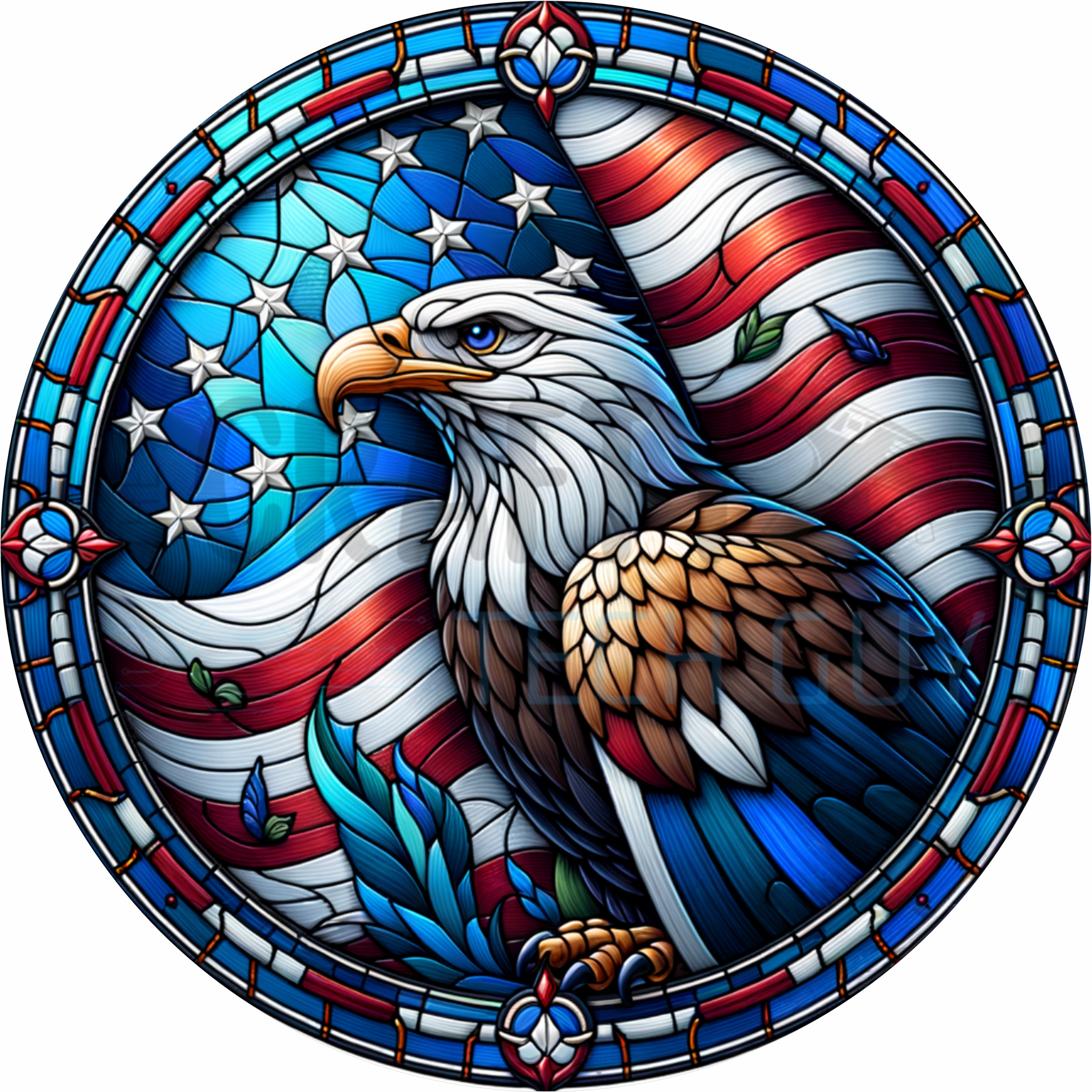 Patriotic Bald Eagle Stained Glass Round Wreath Sign – Red White and Blue American Door Decor