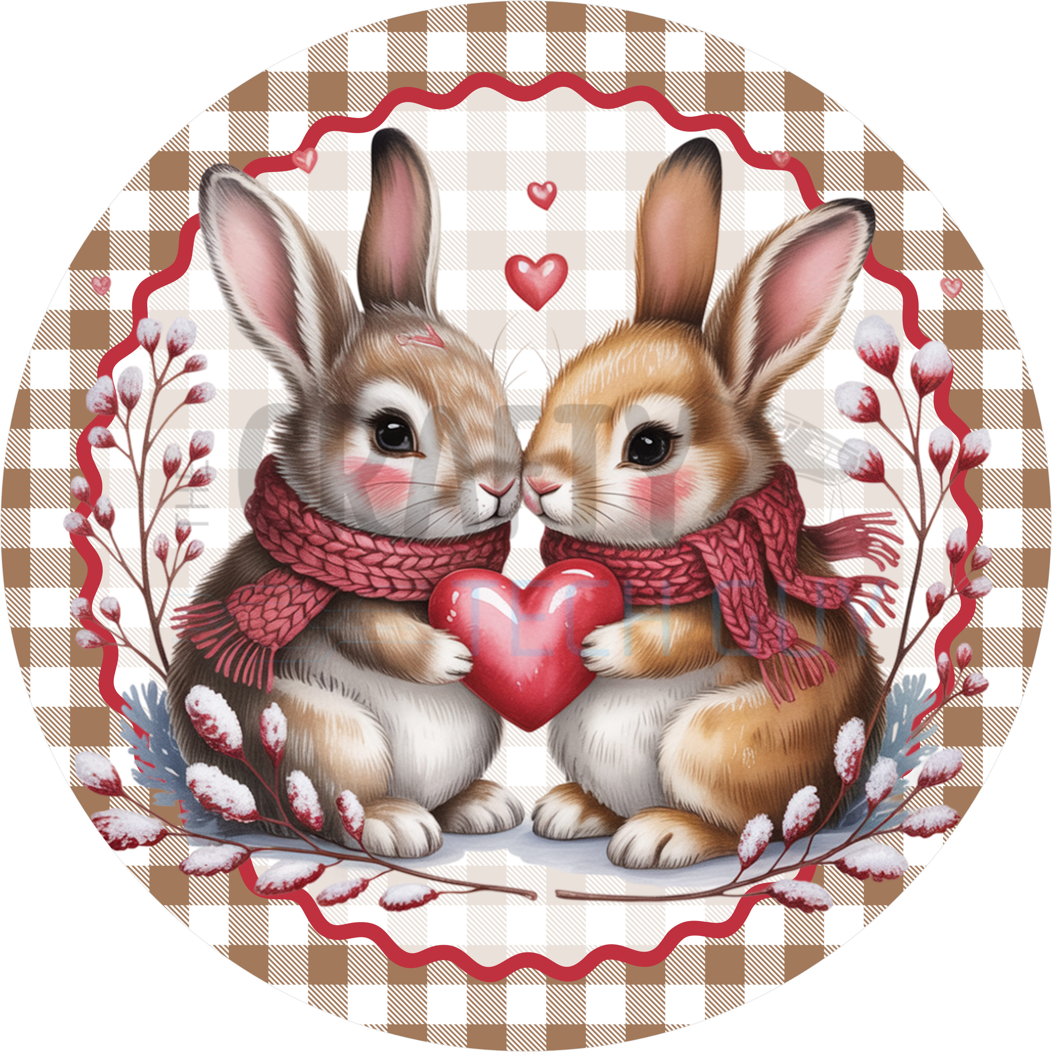 Valentine Bunny Couple Wreath Sign – Heart & Brown Gingham Decor