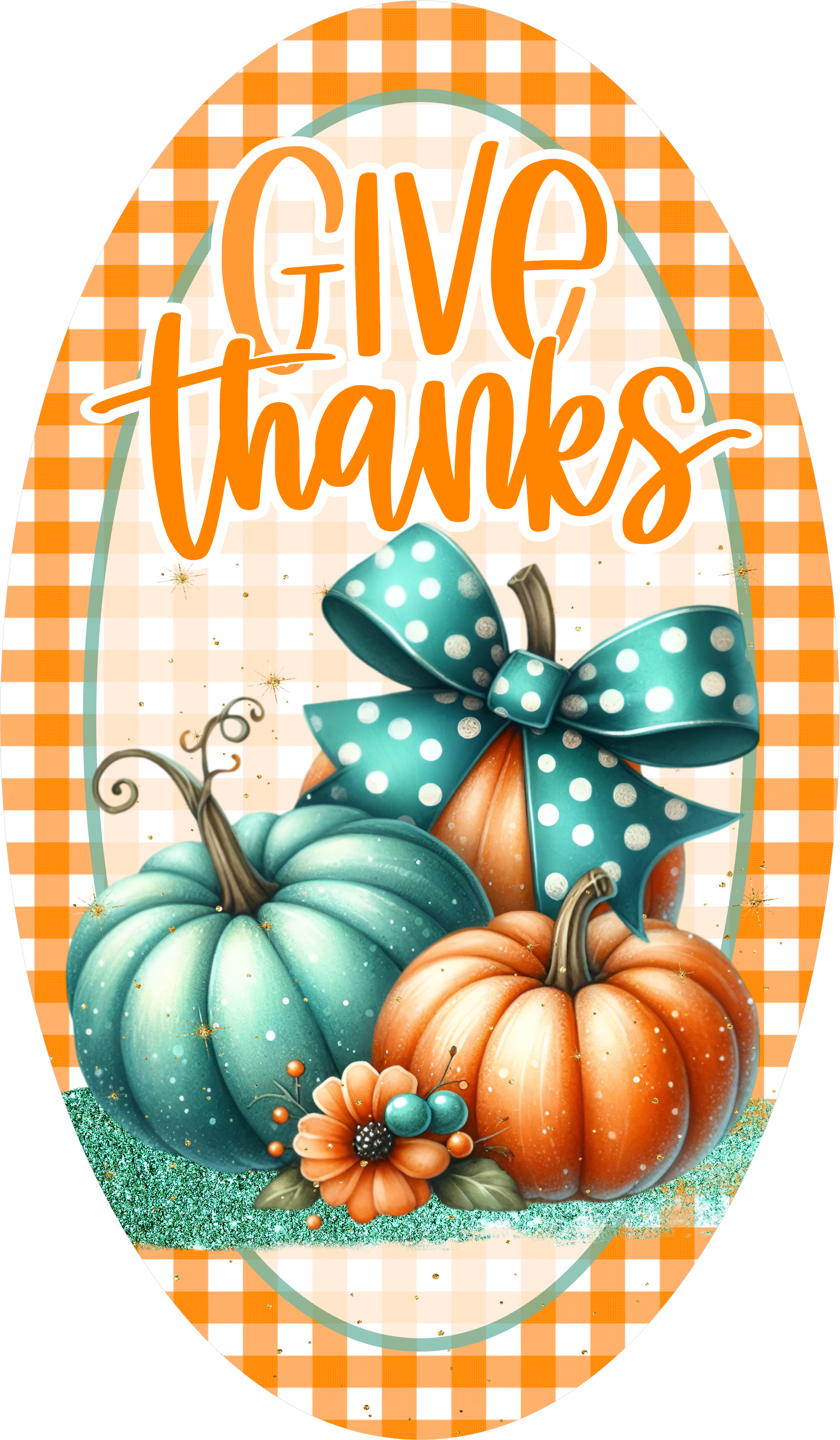 Letrero de calabaza "Da las gracias", decoración otoñal en verde azulado y naranja con lazo de lunares, acento rústico de corona de Acción de Gracias