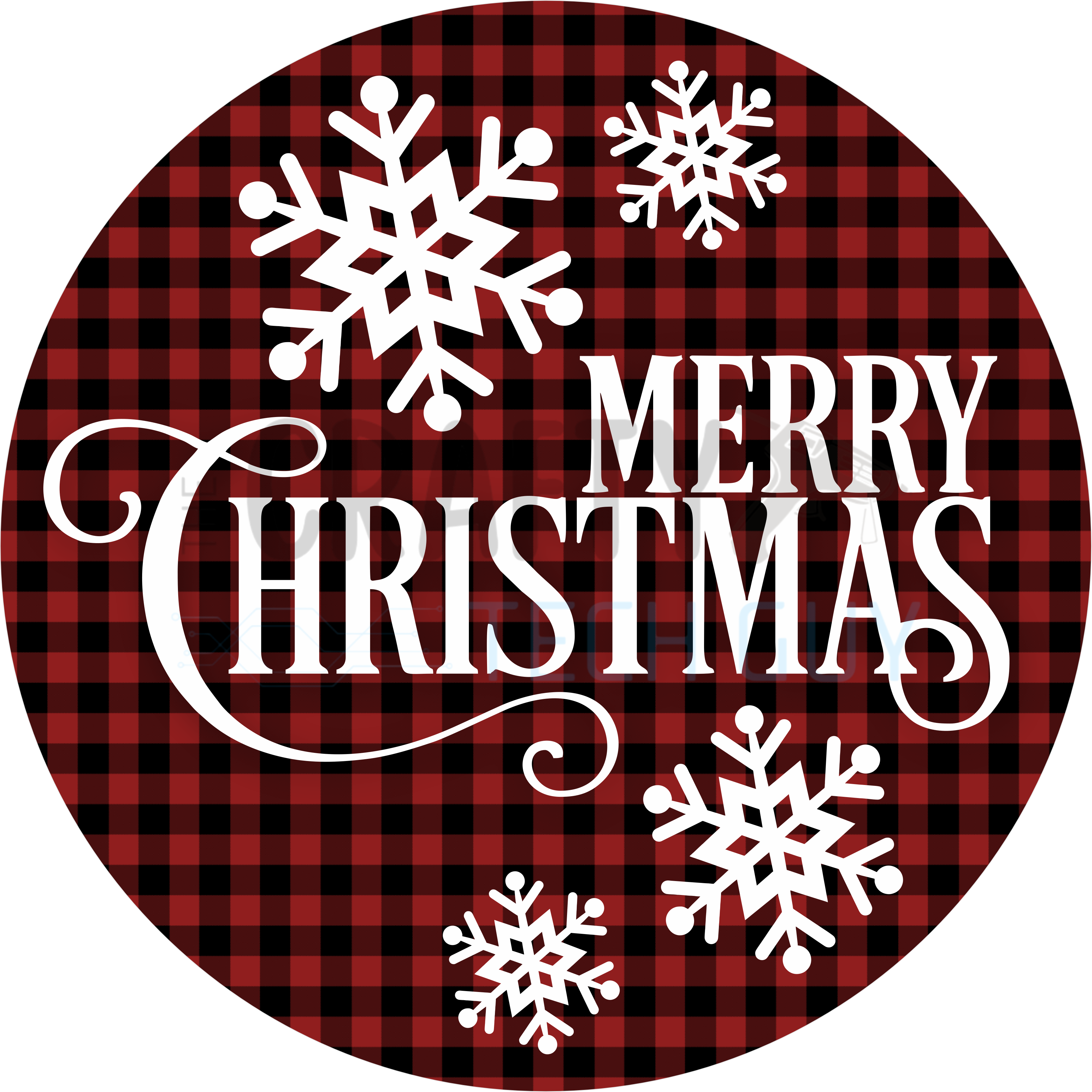 Classic Merry Christmas Sign with Red and Black Buffalo Plaid and White Snowflake Design