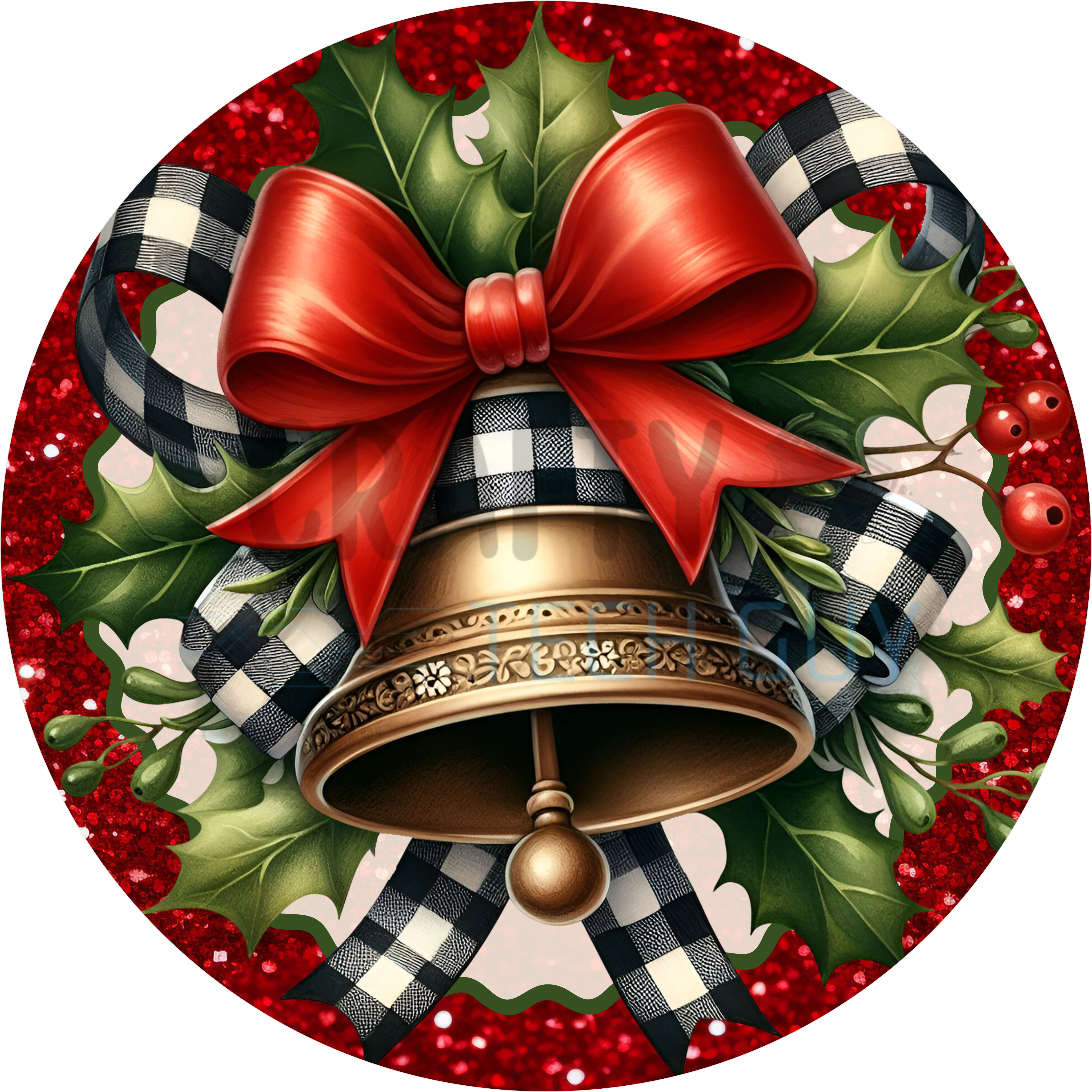 Christmas Bell Sign with Red Bow, Black and White Check Ribbon, and Holly Leaves on Glitter Red Background