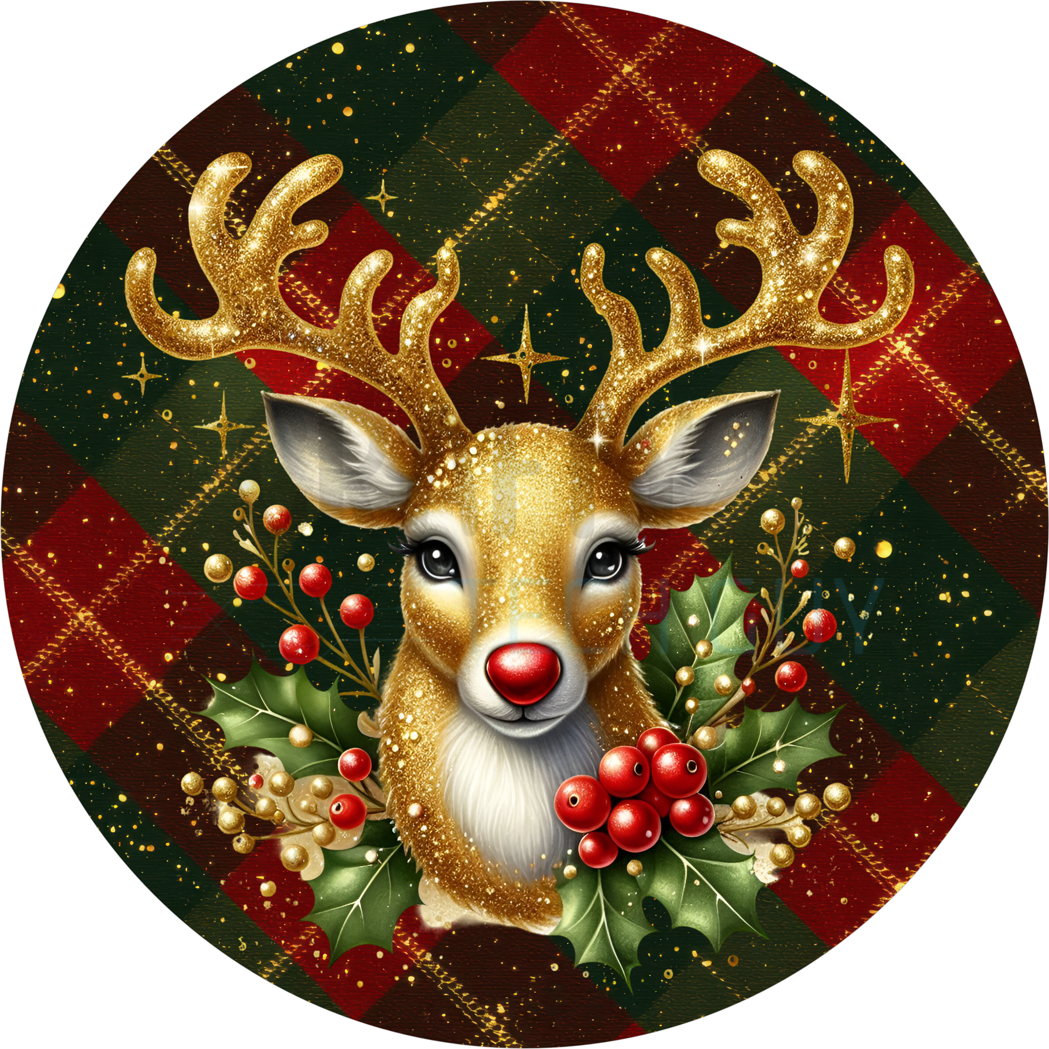 Golden Glitter Reindeer on Plaid Background, Red Nose Christmas Wreath Centerpiece, Holiday Deer with Holly Design