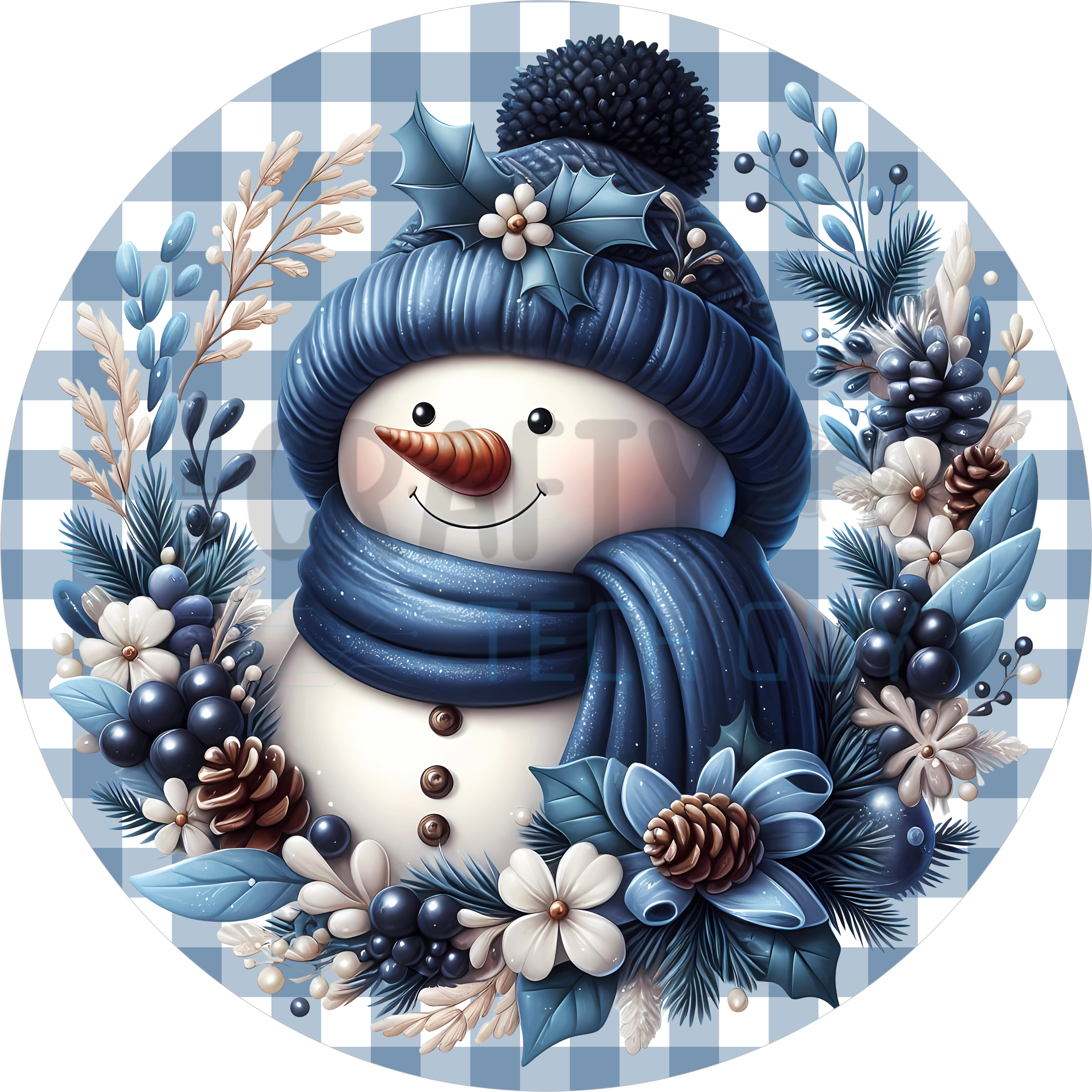 Letrero navideño de muñeco de nieve a cuadros azules para coronas, decoración de puerta de invierno con piñas y bayas, acento navideño de muñeco de nieve.