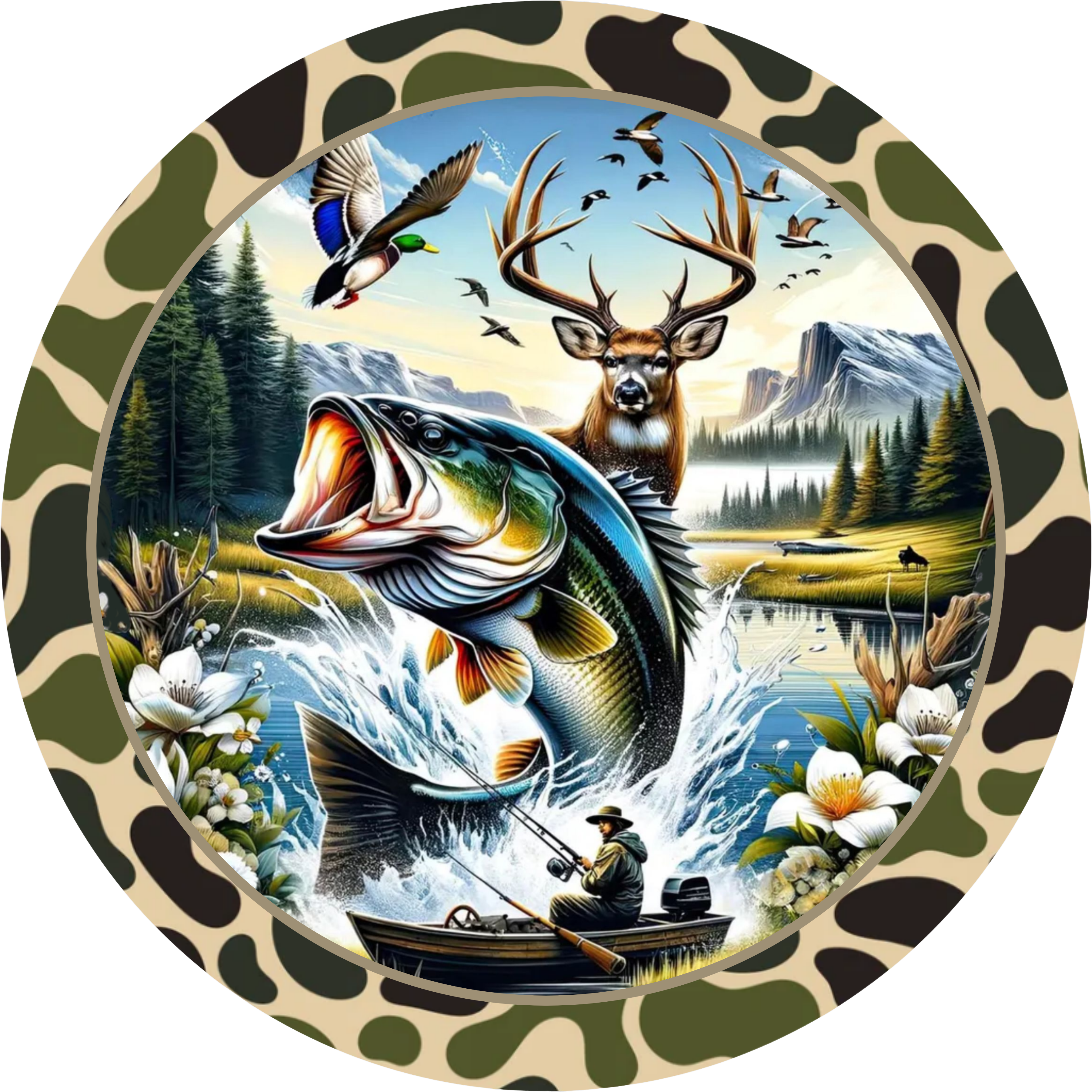 Camo Fishing and Hunting Sign, Outdoor Sportsman Decor, Bass Deer Duck Nature Wall Art
